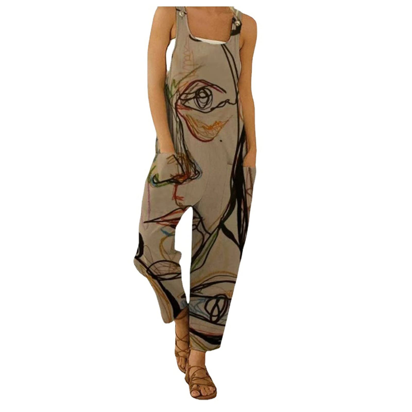 Forwelly Women's Plus Size Graphic Print Jumpsuit - Stylish One Piece Romper with Pockets & Adjustable Straps | Casual Outfit for Summer, Beach, Travel & Streetwear Fashion