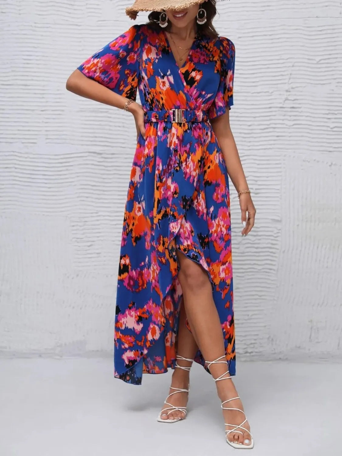 Floral Short Sleeve Vacation Maxi Dress - Women's Summer Boho Beach Dress for Tropical Getaways, Pool Parties & Outdoor Weddings