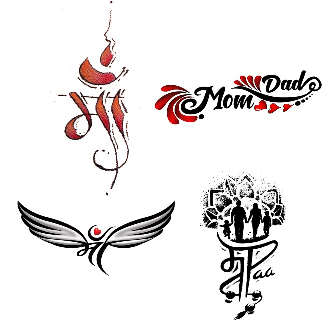 Mom Dad Black Art Wing Temporary Tattoo Stickers - Pack of 4 Waterproof Fake Tattoos for Men & Women (2x4 Inch) - Perfect for Parties, Festivals & Body Art Expression