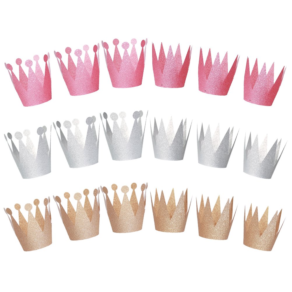 18PCS Princess & Prince Crown Hats for Kids Adults - Pink Silver Glitter Party Hats for Birthday, Wedding, Halloween Costume & Royal Theme Decorations
