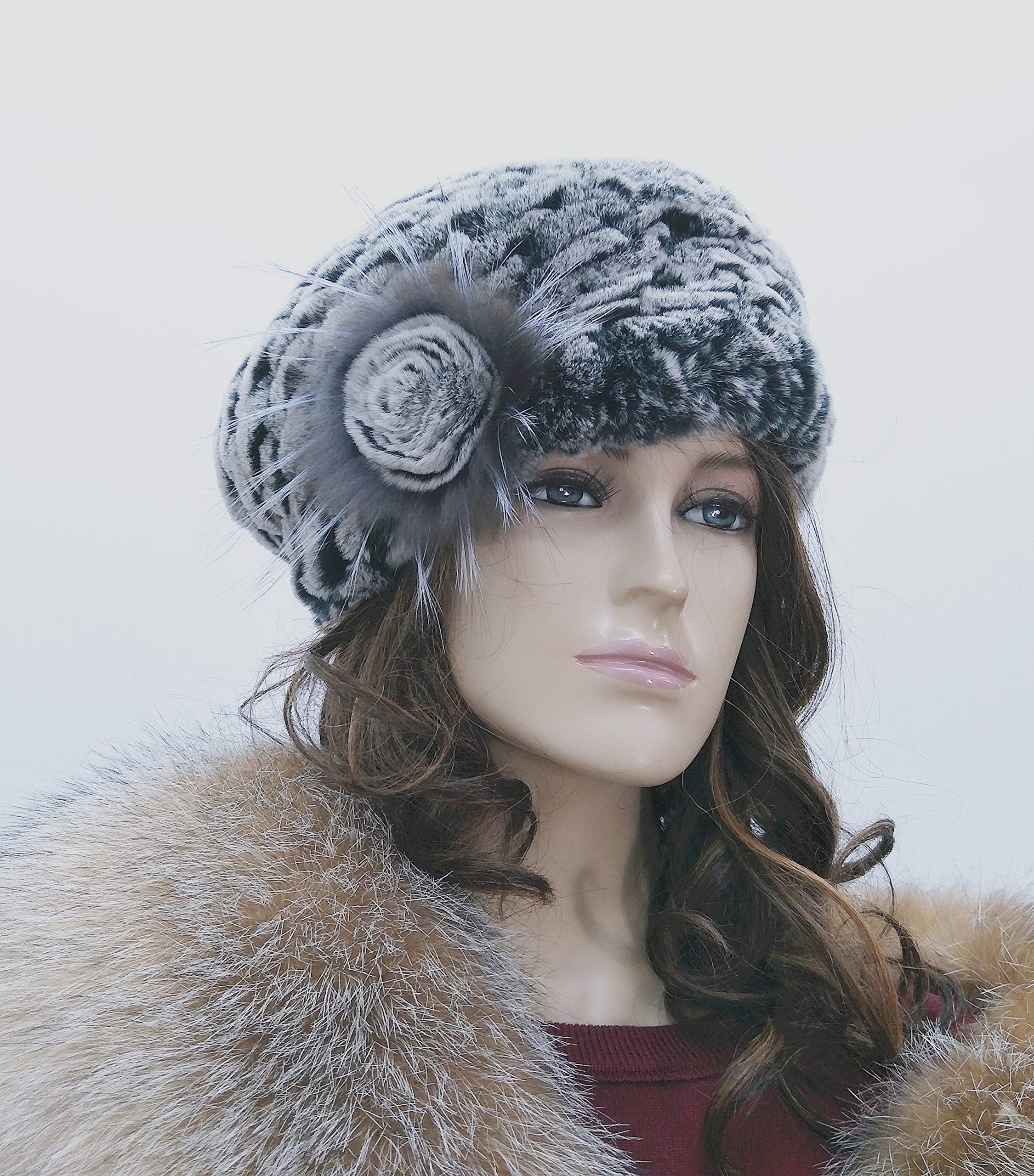 Hima Ruffled Rex Rabbit Fur Winter Hat with Flower - Warm & Stylish Women's Fashion Accessory for Cold Weather, Outdoor Activities, and Holiday Parties
