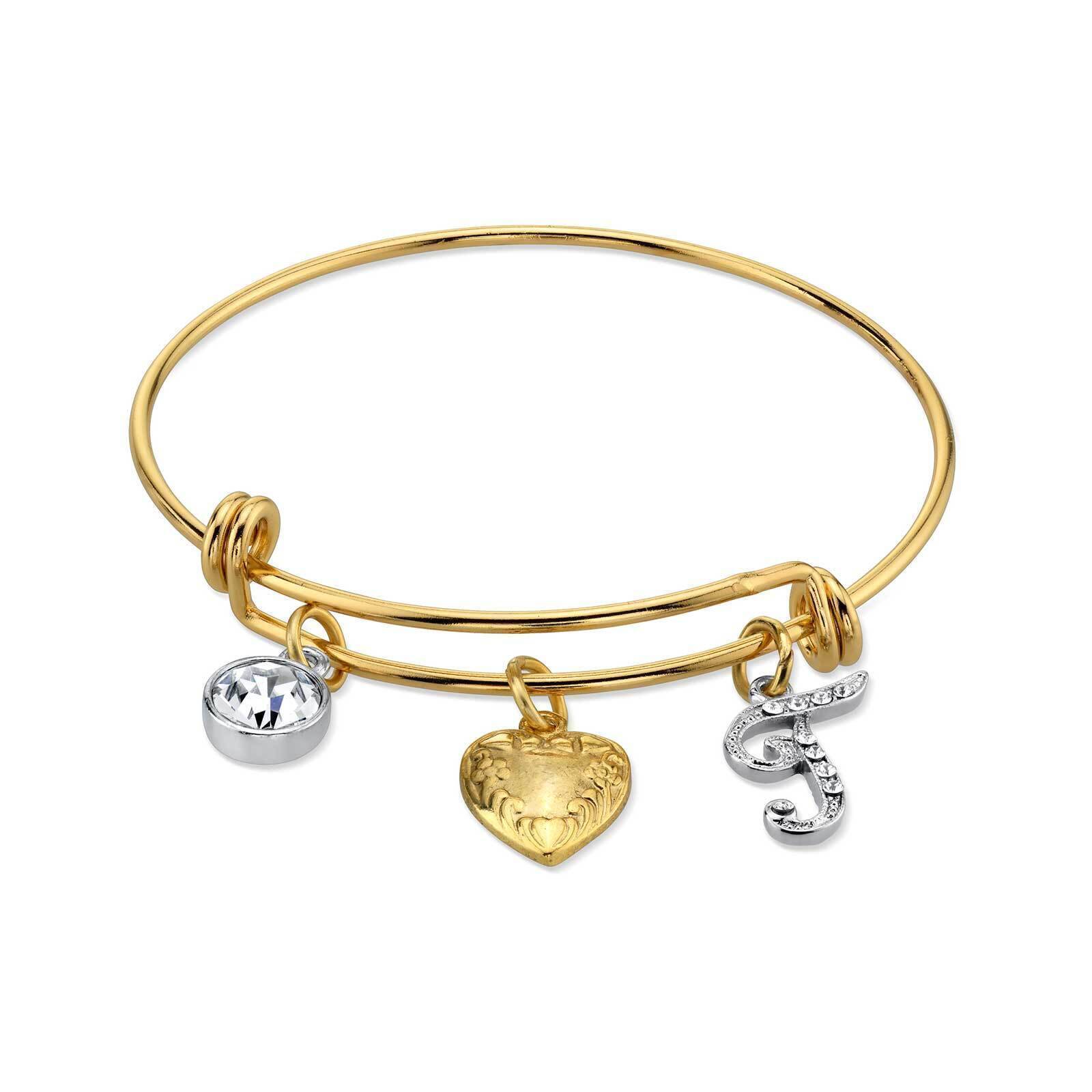 1928 Gold Heart Initial Crystal Charm Bangle Bracelet for Women - Personalized Name Jewelry Gift for Her - Perfect for Valentine's Day, Anniversary & Special Occasions
