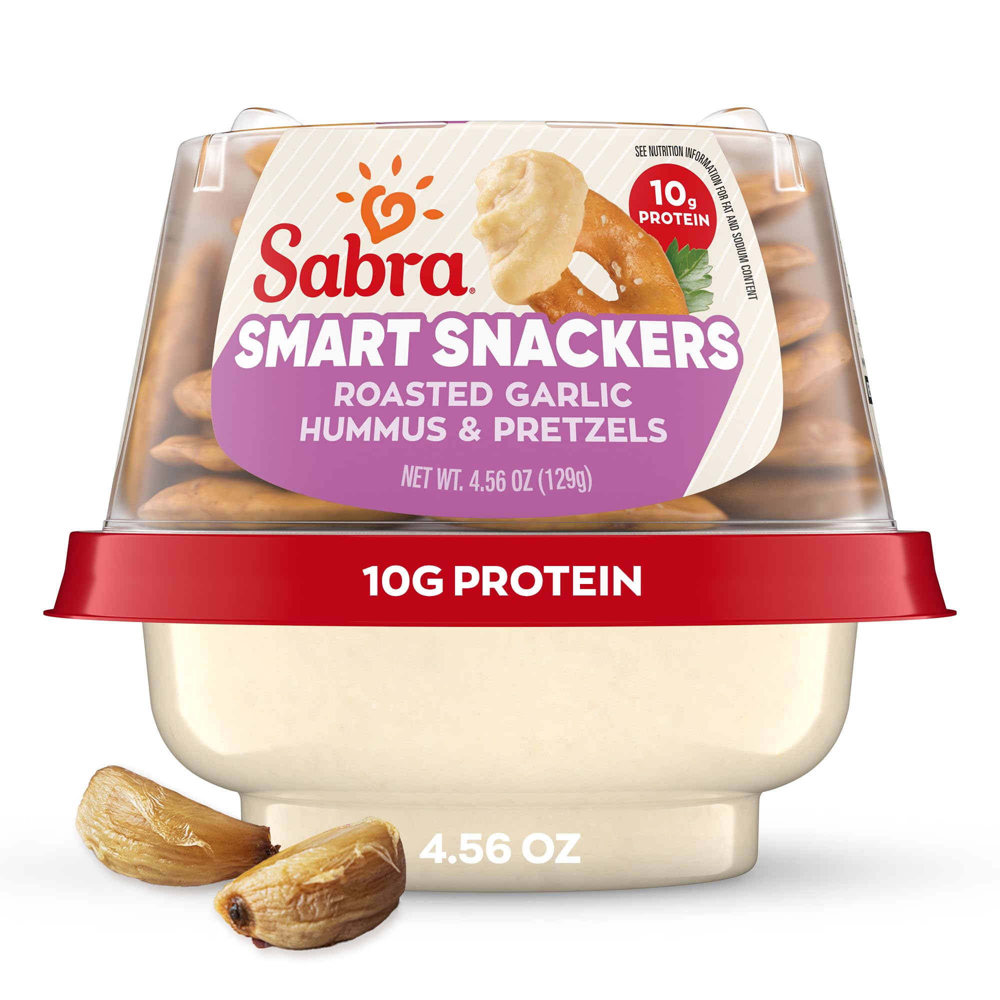 Sabra Snackers Roasted Garlic Hummus with Pretzels | 4.56 Oz Individual Hummus Cup | Healthy On-the-Go Snack for Work, School & Travel | Gluten-Free Vegan Dip with Protein