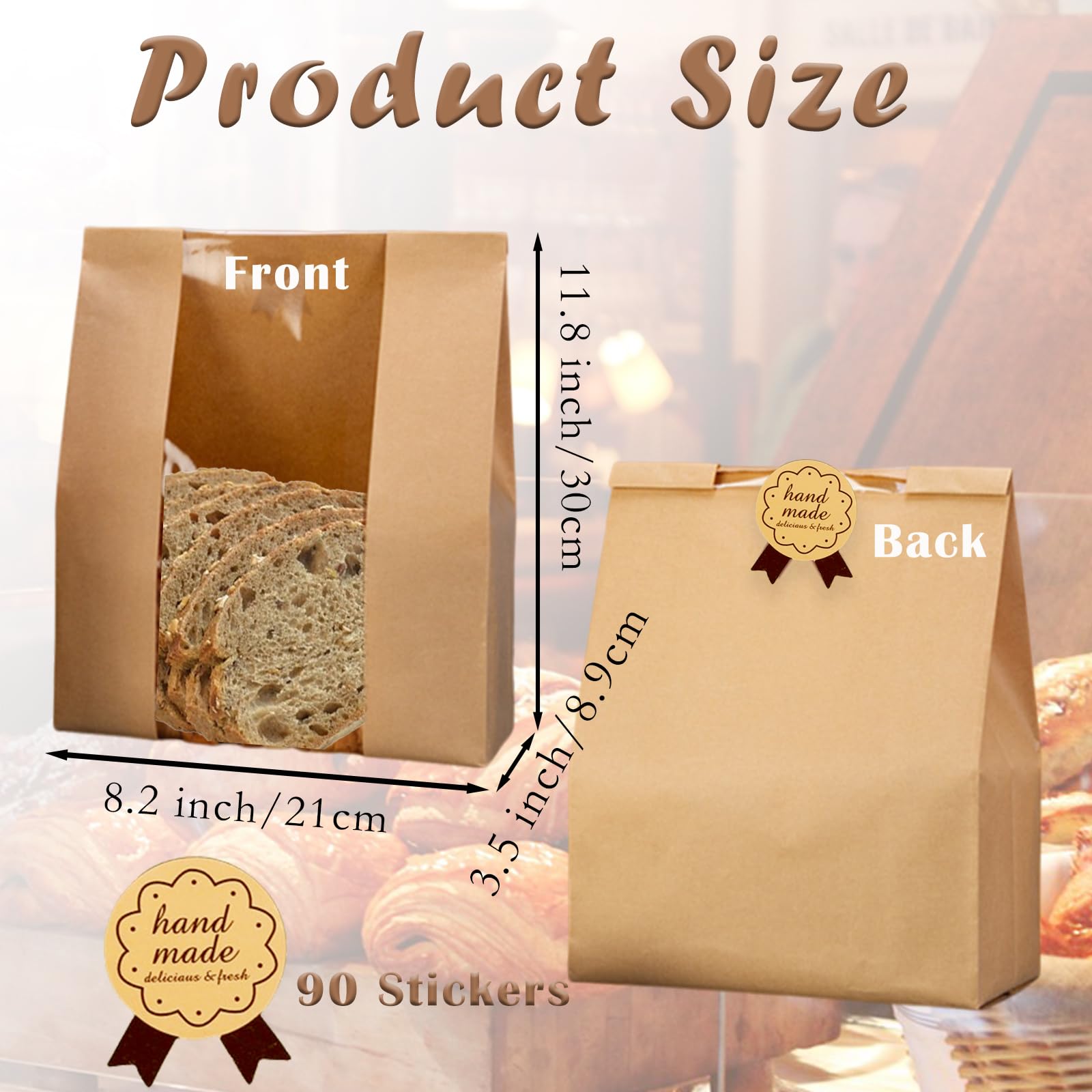 90 Pack Bakery Bags with Window - 13.7 x 8.2 x 3.5 Inch Kraft Paper Bread Bags with Stickers for Homemade Sourdough, Cookies & Baked Goods | Perfect for Artisan Bakeries, Farmers Markets & Gift Packaging