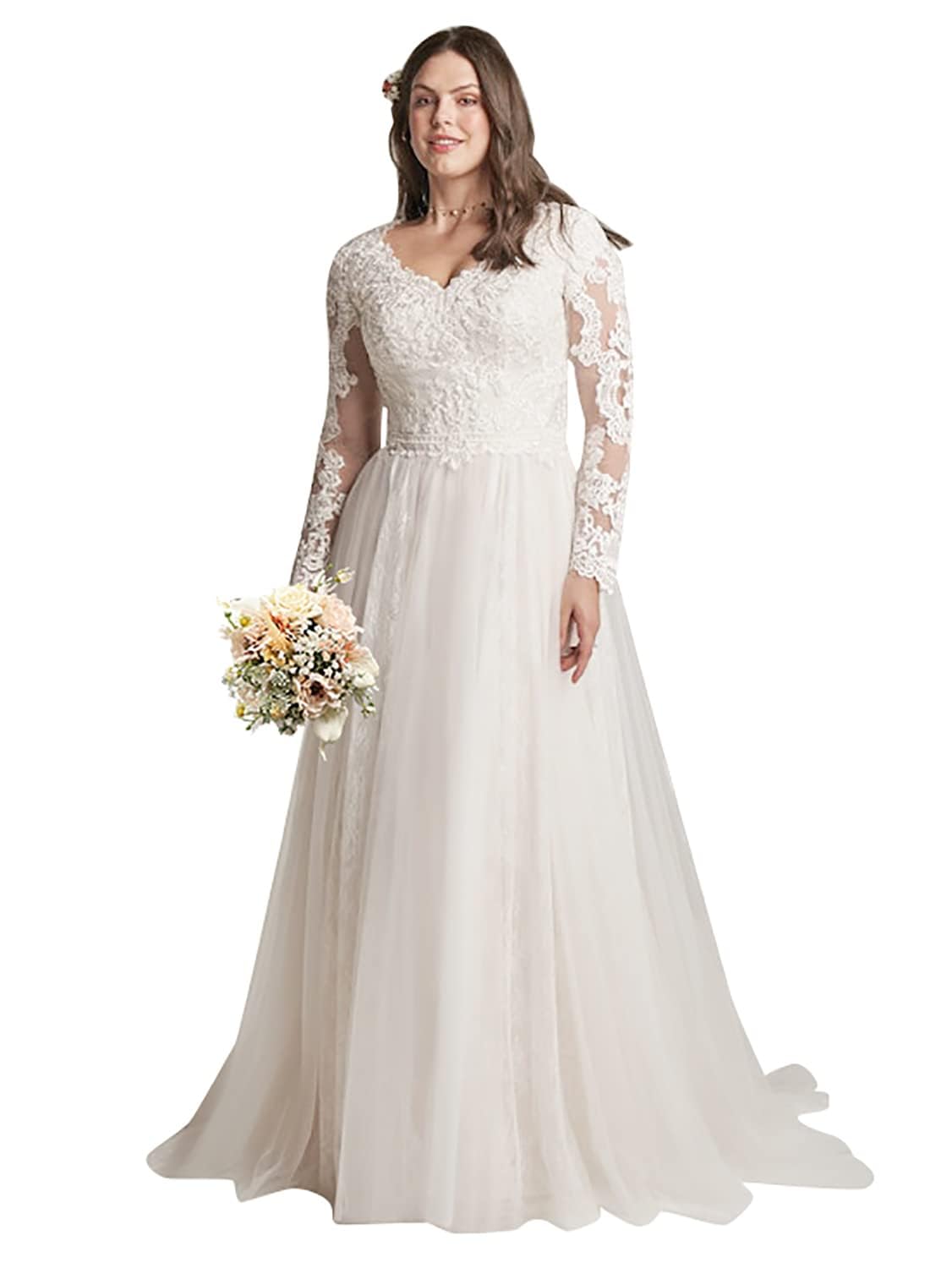 2025 Women's Lace Beach Wedding Dress - V Neck Tulle Applique Bridal Gown with Long Sleeves | Perfect for Beach Weddings, Destination Elopements & Romantic Seaside Ceremonies