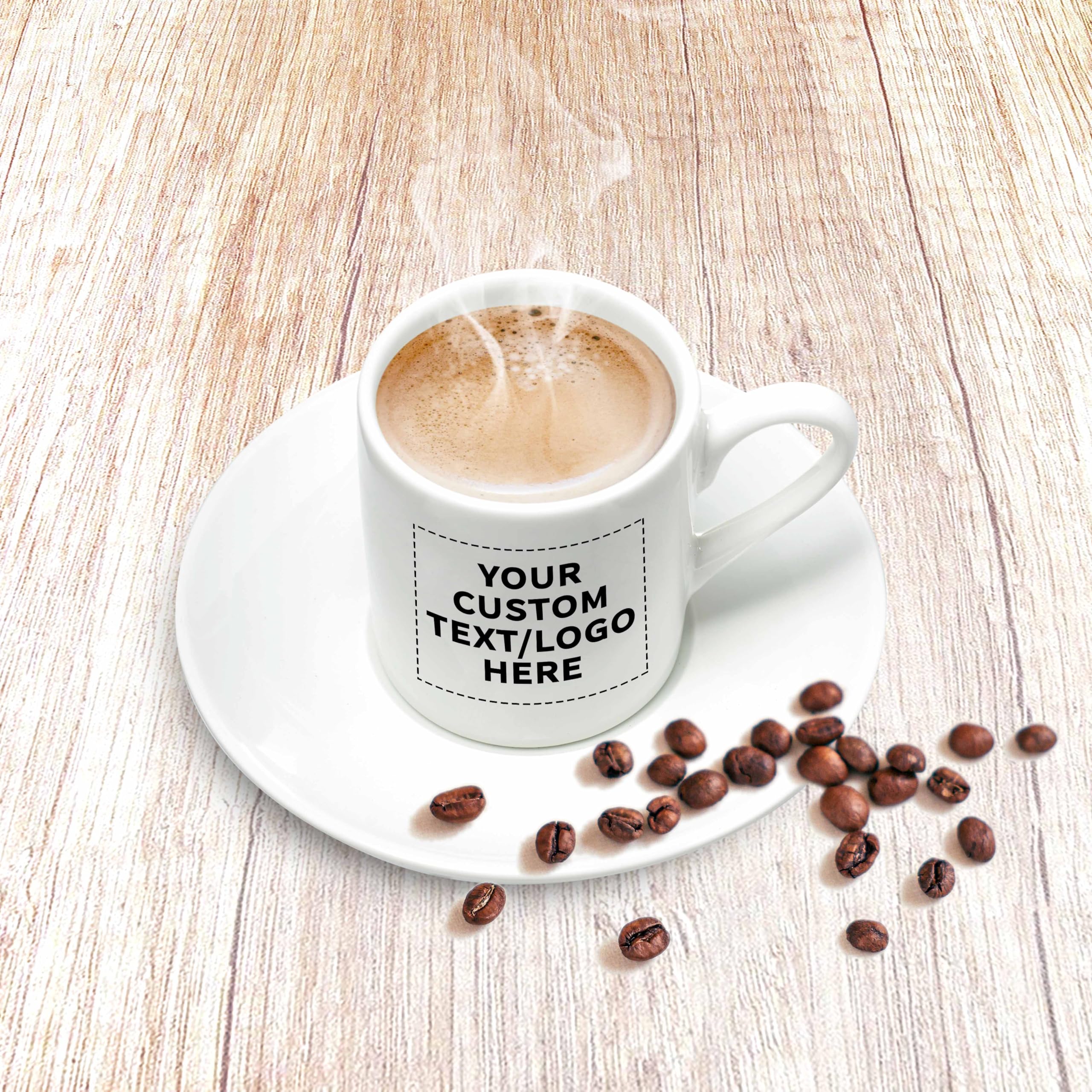 50-Piece Porcelain Espresso Cup and Saucer Set - 3 oz White Coffee Cups with Custom Text & Logo - Perfect for Coffee Shops, Restaurants, and Home Use
