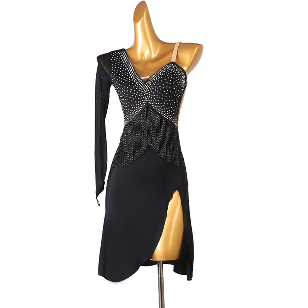LILISHANGPU Women's Figure Skating Dress - Rhinestone Fringe Tassel Ballroom Dance Dress for Latin, Salsa, Party & Performance (Black, Medium) | Perfect for Competitions, Stage Shows & Dance Events