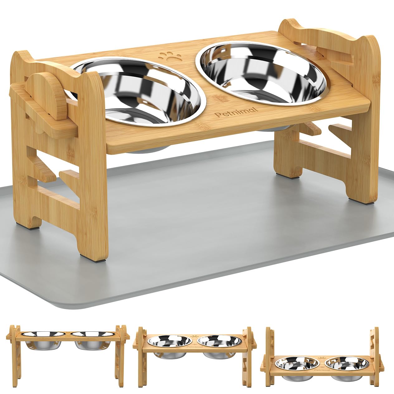 Adjustable Elevated Dog Bowls Stand - Bamboo Raised Pet Feeder with 2 Stainless Steel Bowls & Non-Slip Base for Small Dogs & Cats | Perfect for Kitchen, Living Room or Outdoor Feeding Areas