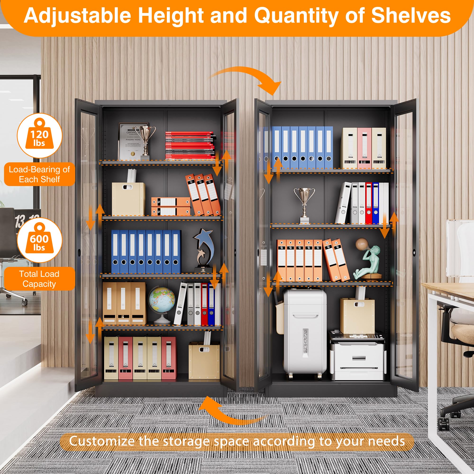 5-Tier Tall Bookcase Storage Cabinet with Tempered Glass Door & 4 Adjustable Shelves - Metal Display Curio Cabinet for Liquor, Books & Collectibles - Perfect for Home, Study, Living Room & Office Decor (Black)