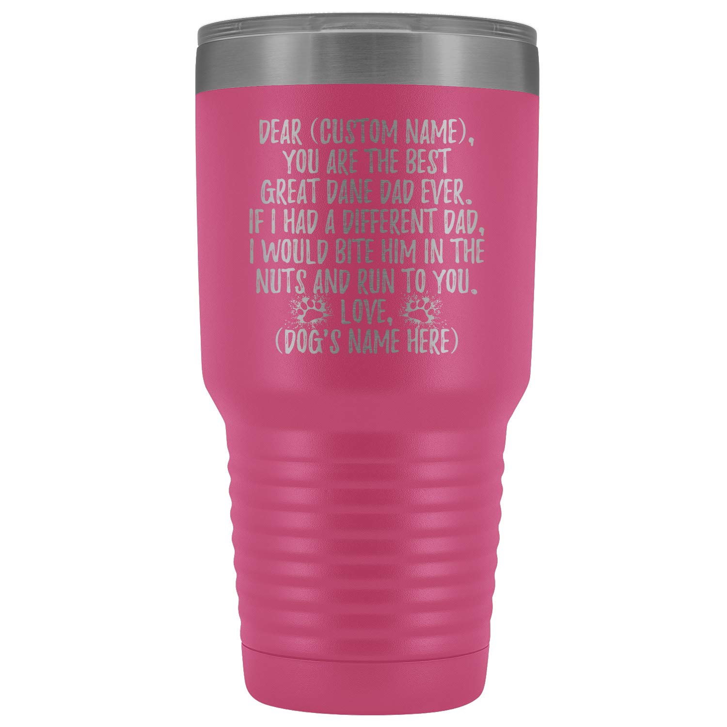 Personalized Great Dane Dog Dad Tumbler - 30oz Insulated Stainless Steel Cup for Dog Lovers - Custom German Mastiff Owner Gift for Men - Gentle Giant Dog Daddy Present (Pink) - Perfect for Coffee, Tea & Outdoor Adventures