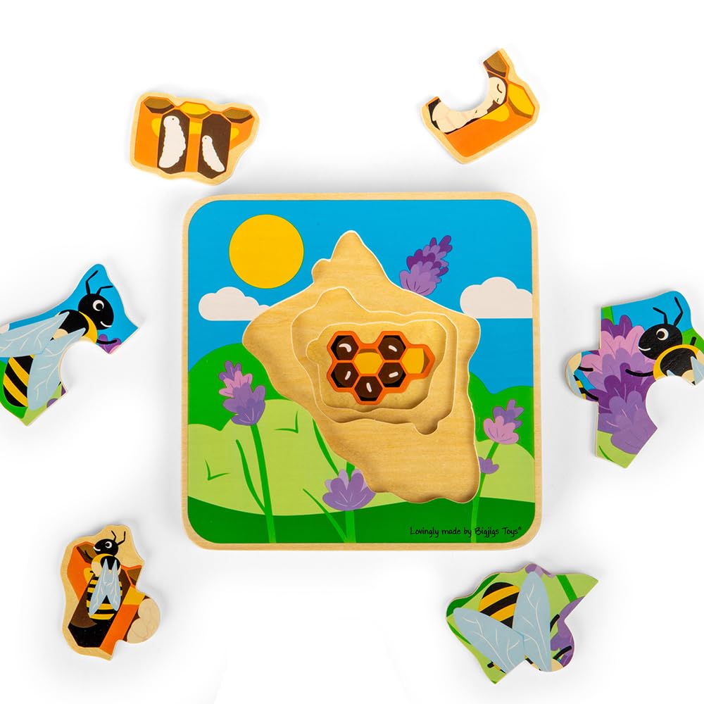 Bigjigs Toys Bee Lifecycle Puzzle - Educational Wooden Jigsaw Puzzle for Toddlers Ages 2-4 | 4-Piece Chunky Kids Puzzle | STEM Learning Toy for Preschoolers | Perfect for Classroom, Homeschool & Montessori Activities