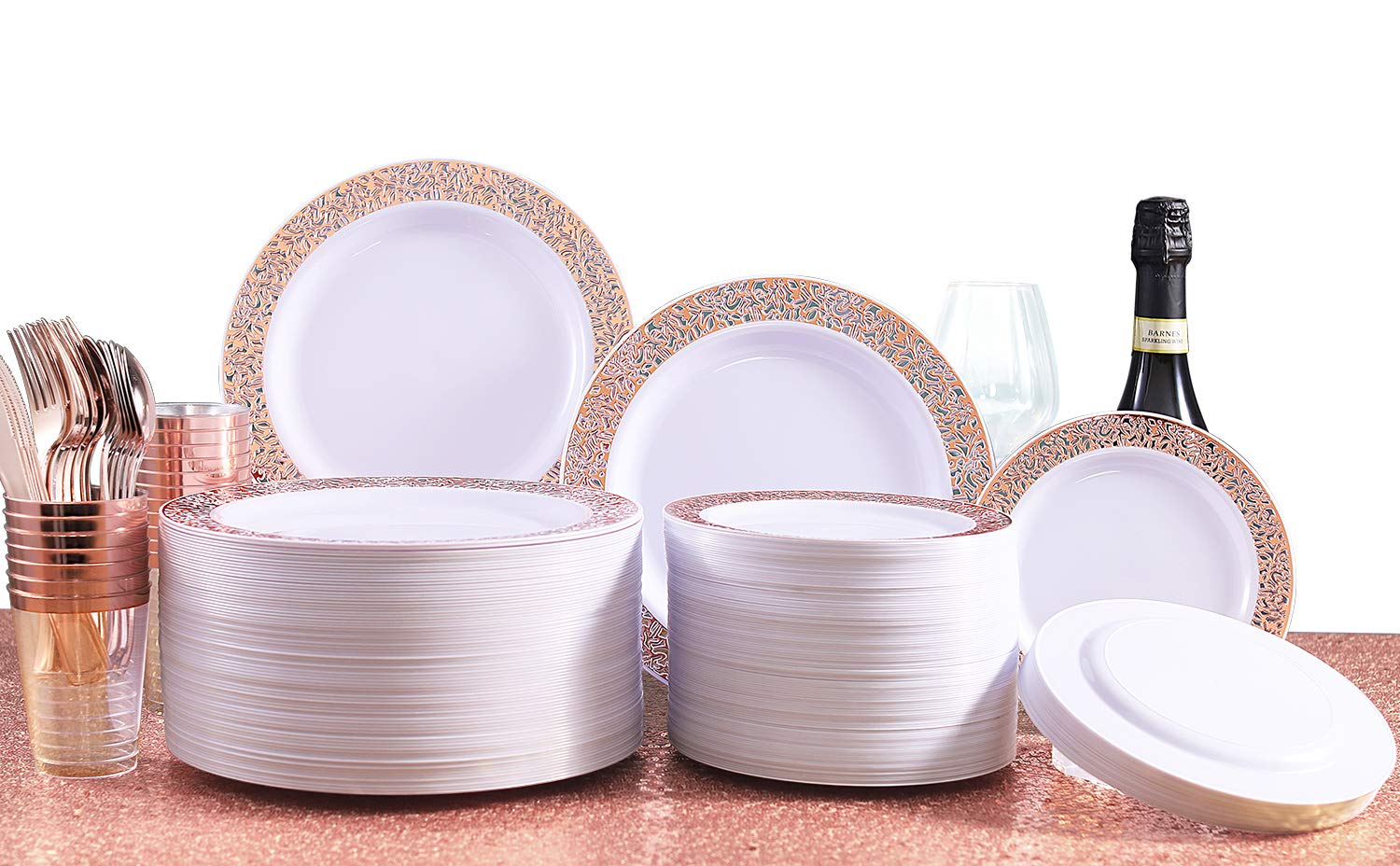 Supernal 300-Piece Rose Gold Plastic Dinnerware Set - 60 Dinner Plates, 60 Salad Plates, 60 Forks, 60 Knives, 60 Spoons - Elegant Disposable Tableware for Parties, Weddings, Picnics & Outdoor Events