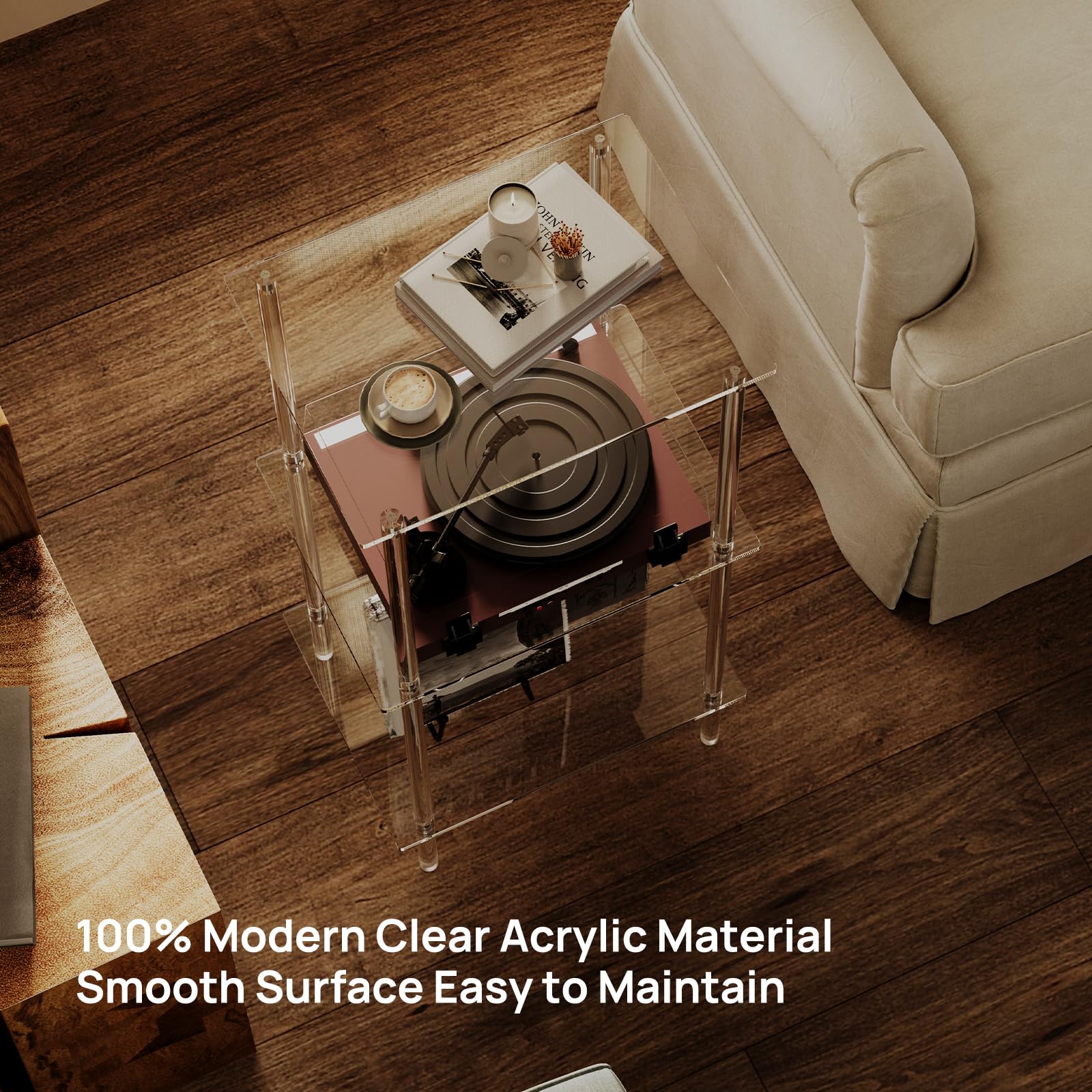 HMYHUM 3-Tier Acrylic Record Player Stand with Vinyl Storage - Modern Turntable Side Table/End Table for Living Room & Bedroom - 15.7