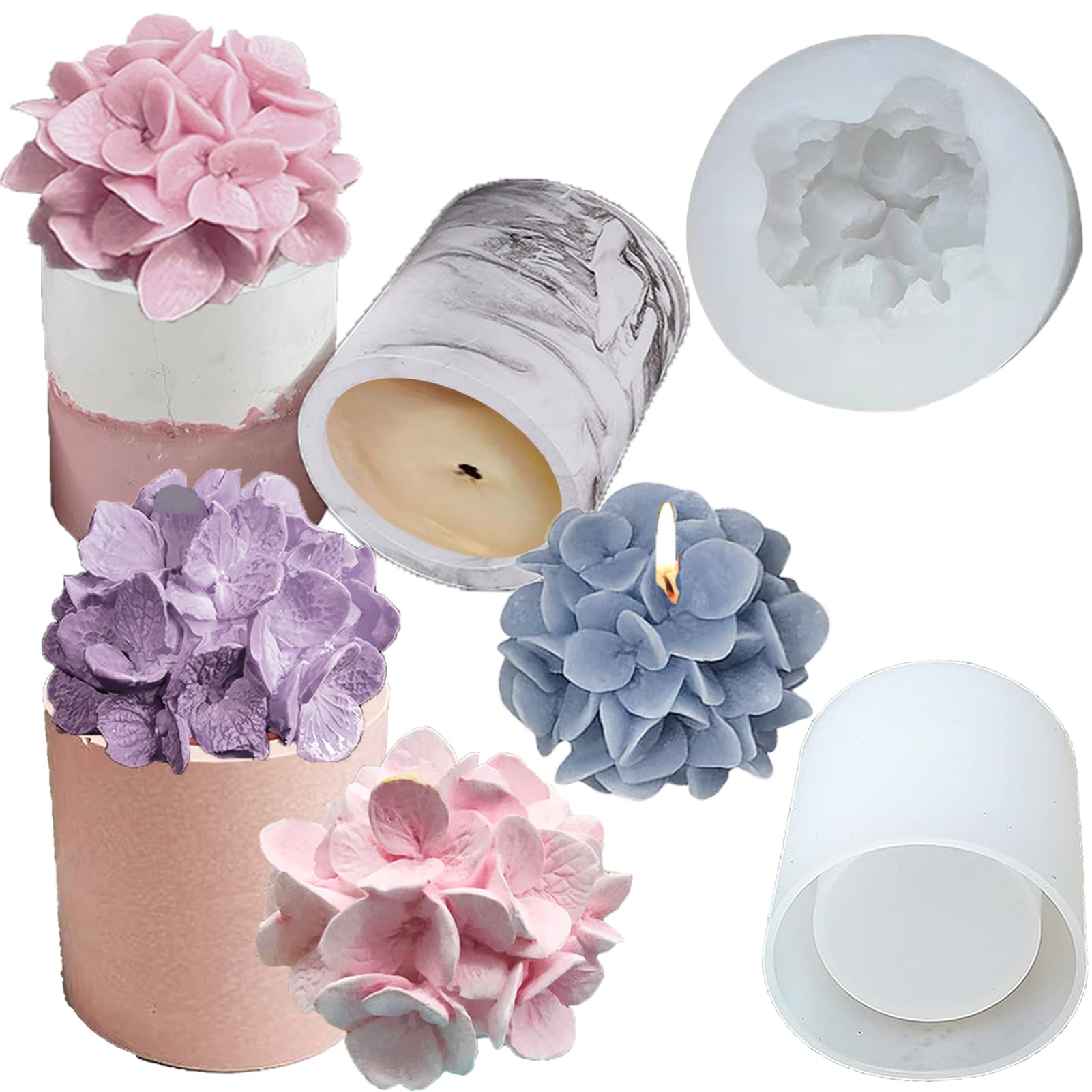 Hydrangea Flower Soap & Candle Molds with Lids - Silicone Concrete Candle Jar Molds for DIY Soap Making, Candle Vessels - Perfect for Wedding Favors, Home Decor, Bath & Body Crafts