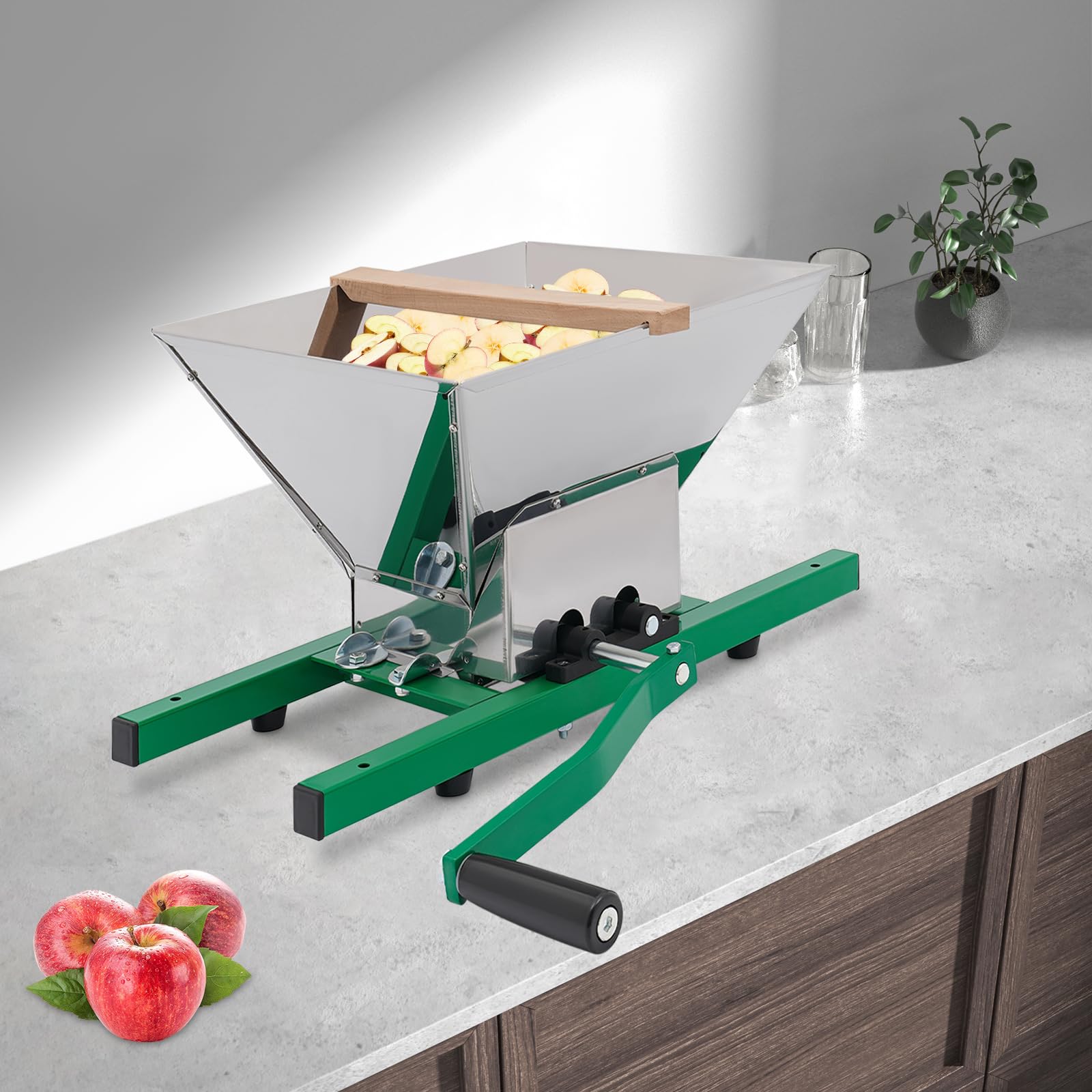 Stainless Steel Manual Fruit Crusher & Juicer - 7L/1.85Gal Portable Grape Grinder for Wine, Cider Making - Green & Silver | Perfect for Home Brewing, Fruit Processing, and Vegetable Pulping