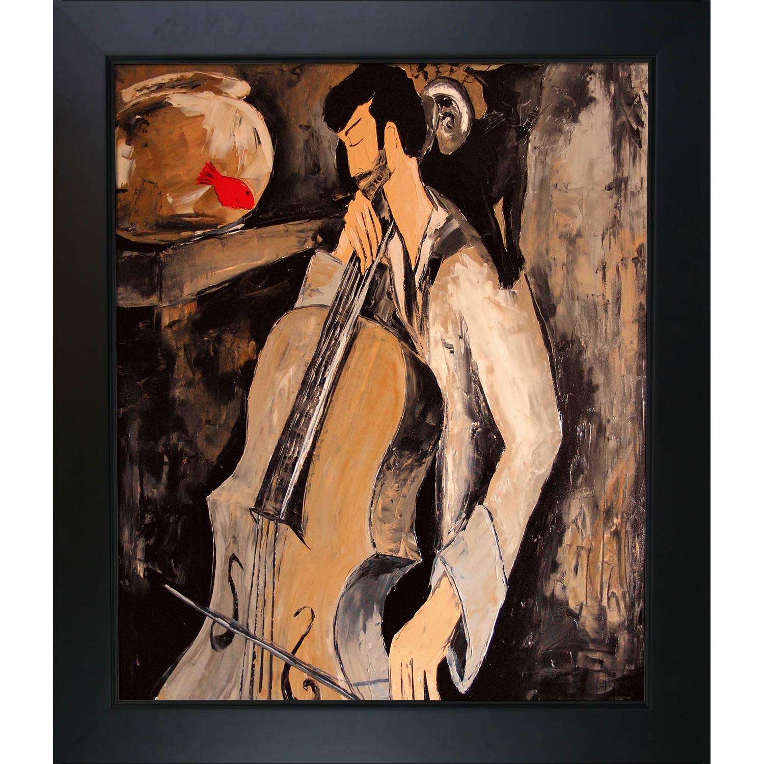 Cellist with Goldfish and Black Cat Framed Canvas Print - 28.75 x 24.75 Inches Multicolor Wall Art - Perfect for Living Room, Bedroom, or Music Studio Decor