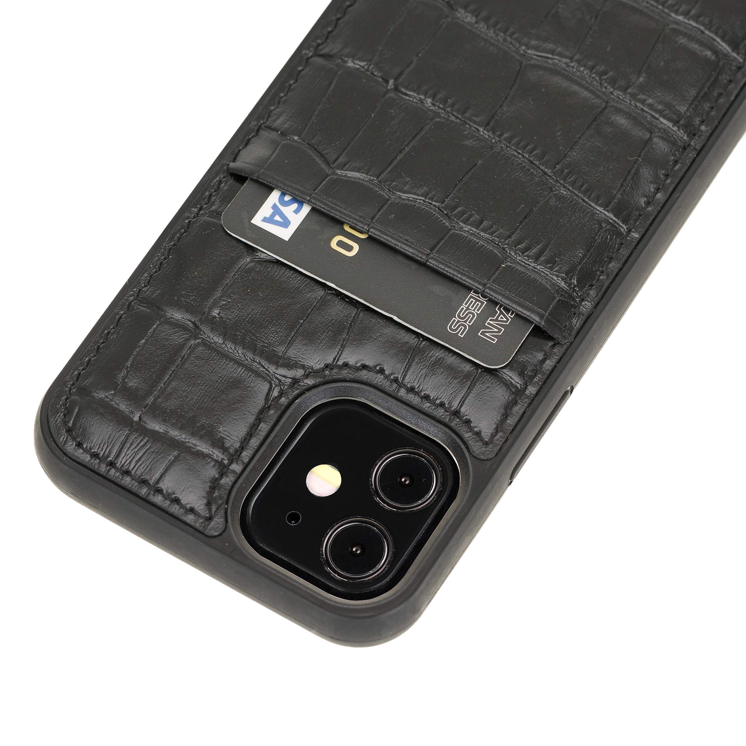 Venito Capri Genuine Leather Wallet Case for iPhone 12 Mini (5.4 Inch) - RFID Blocking Credit Card Holder with Padded Back Cover - Black Crocodile Design - Perfect for Everyday Use & Travel Protection