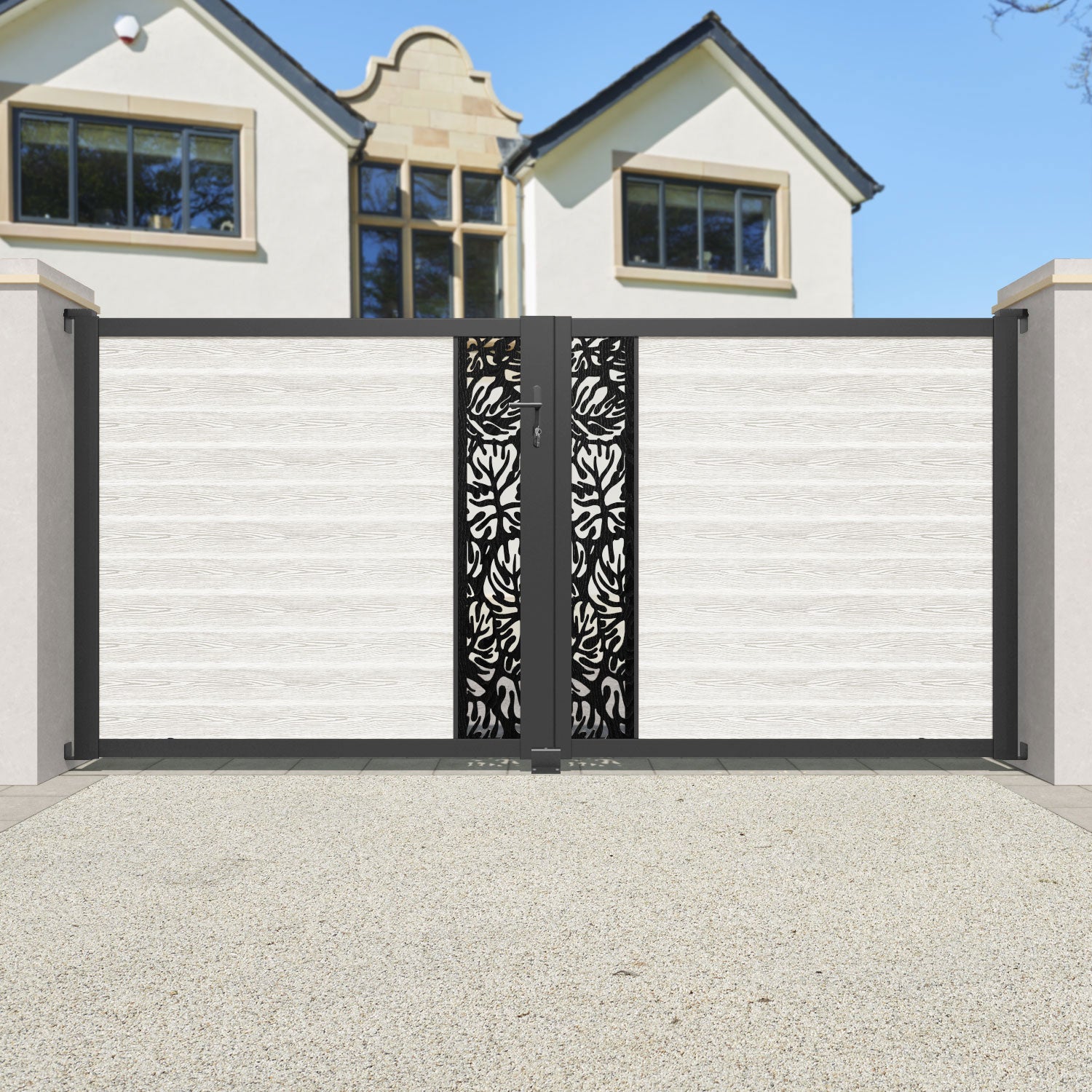 Classic Botanic Straight Top Driveway Gate - Light Stone Finish with Middle Screen - Perfect for Garden, Yard, and Driveway Security
