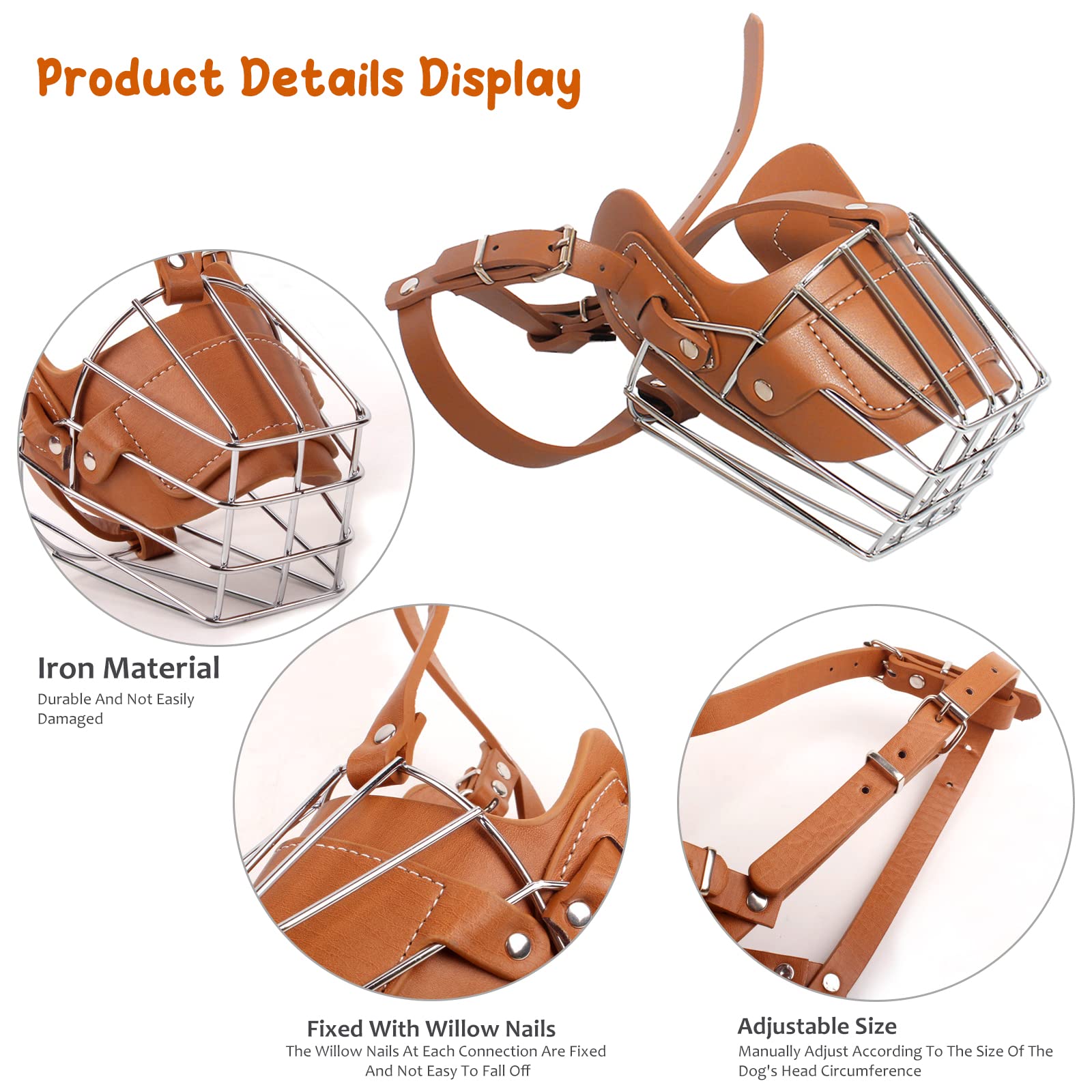 Durable Adjustable Metal Basket Dog Muzzle for Medium & Large Dogs - Anti-Bite Chew Proof Leather Strap Muzzle with Panting & Drinking Design (Brown) - Perfect for Training, Grooming, and Vet Visits