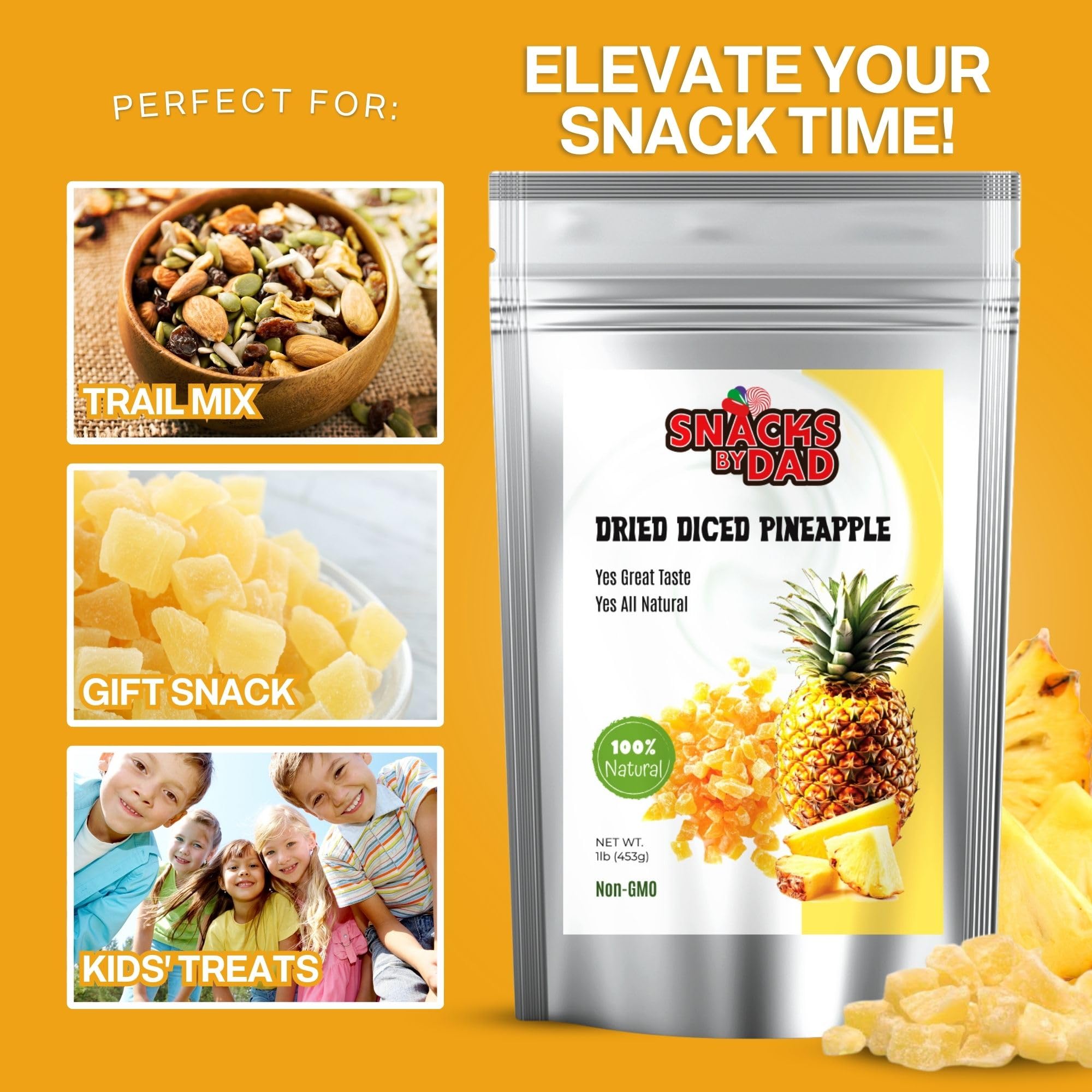 Organic Dried Pineapple Chunks – No Sugar Added, Gluten Free, Vegan Snack | 1 lb Resealable Bag | Healthy Dried Fruit for Kids & Adults | Perfect for Lunch Boxes, Hiking, Travel & Office Snacking