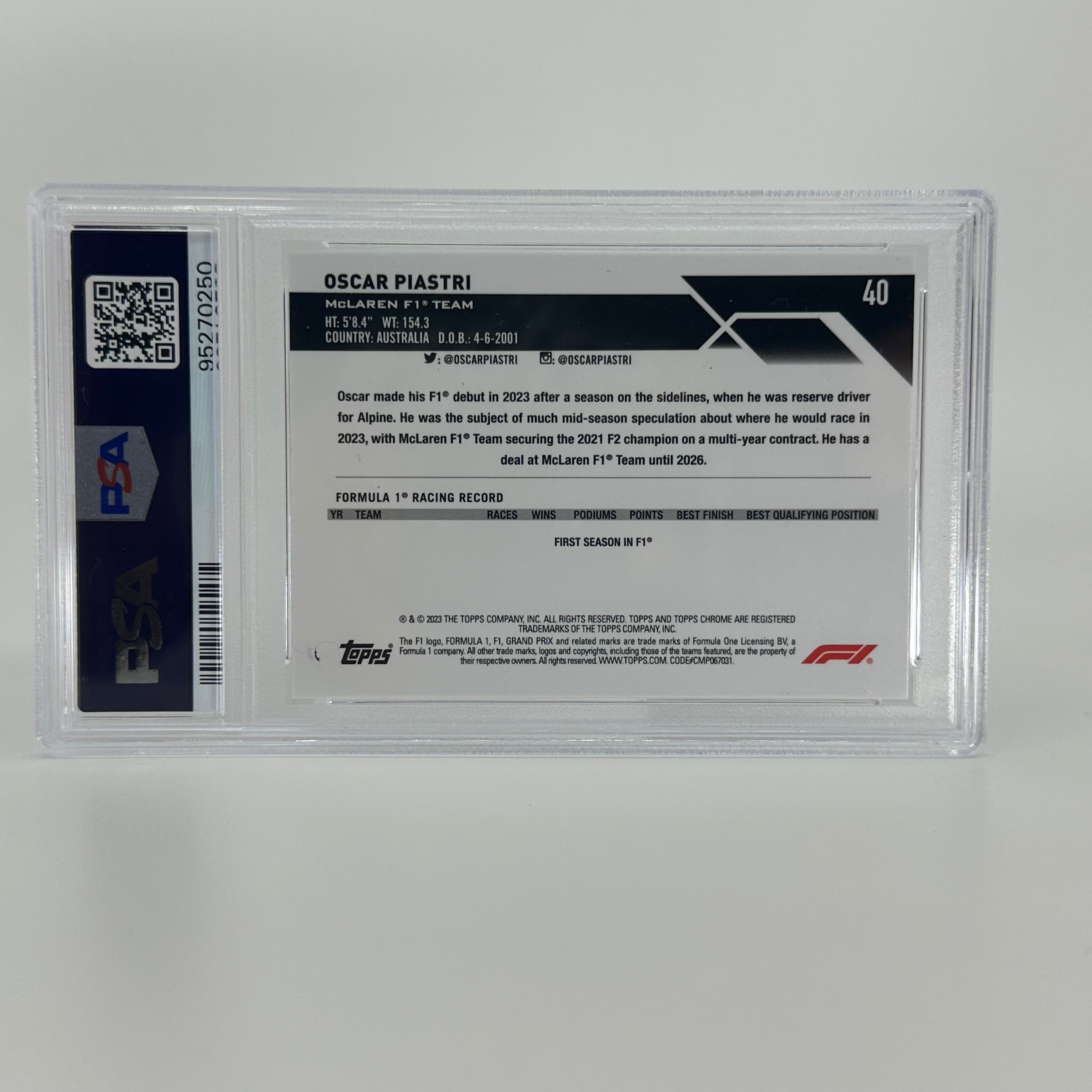 PSA 10 Oscar Piastri #40 2023 Topps Chrome F1 Sapphire Rookie Card - Perfect for Collectors, Racing Fans, and Investment