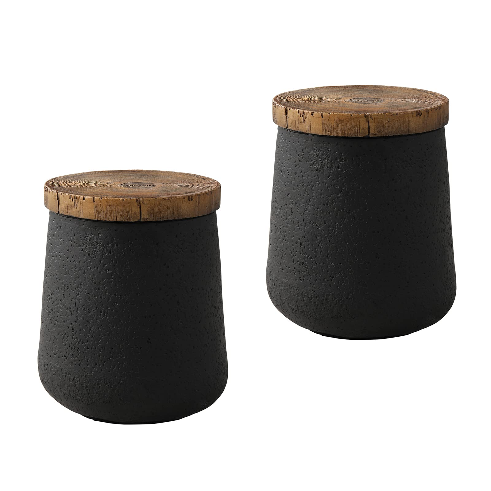 Stylish 2-Piece Outdoor Side Table Set - Black Drum End Tables with Faux-Wood Top & Hand-Painted Tree Trunk Design - Perfect for Patio, Garden, or Poolside Decor