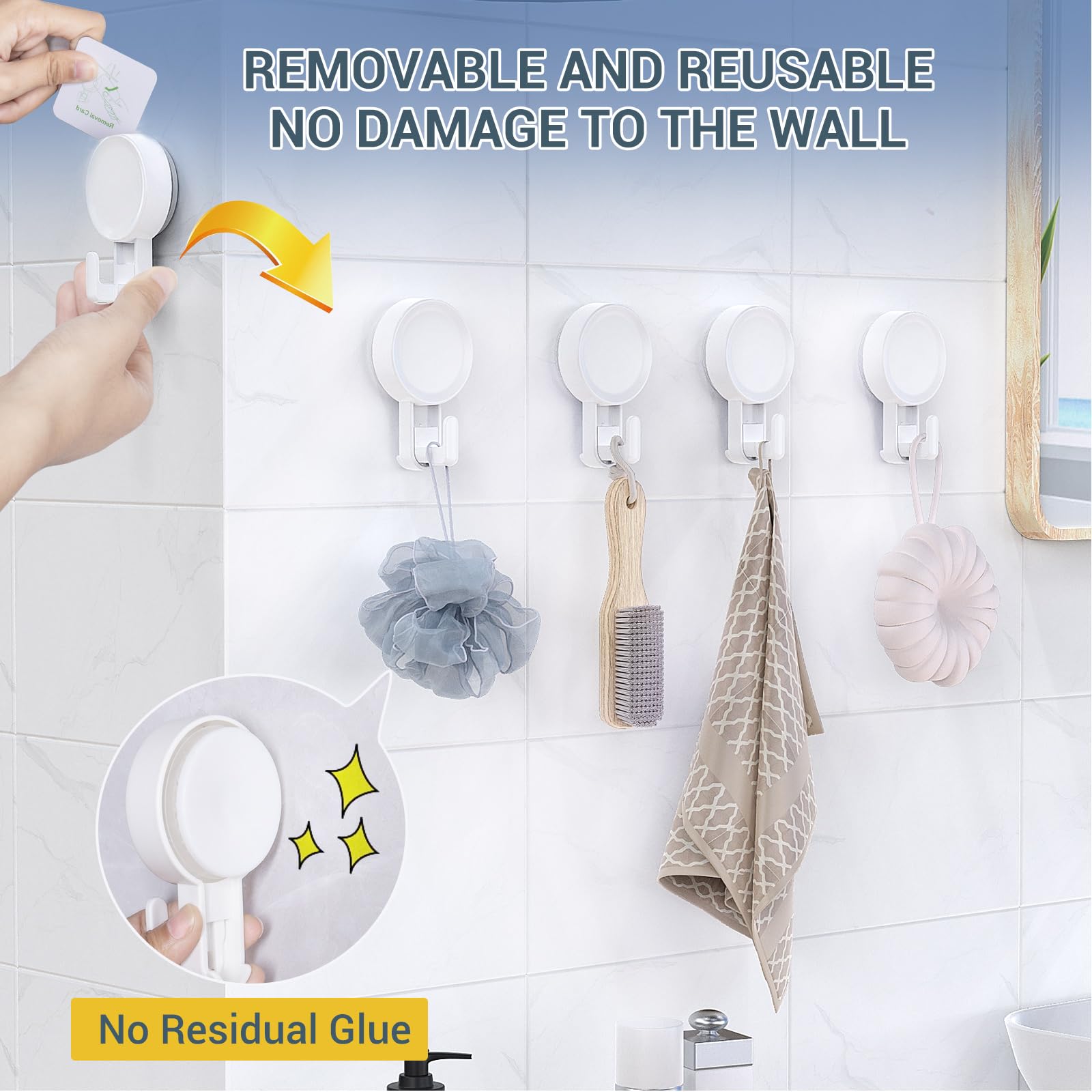 Heavy Duty Suction Cup Shower Hooks 4 Pack - 11 lbs Removable & Reusable Vacuum Hooks for Bathroom, Kitchen - Waterproof Suction Hangers for Towels, Loofahs, Wreaths - Perfect for Shower Organization and Space Saving