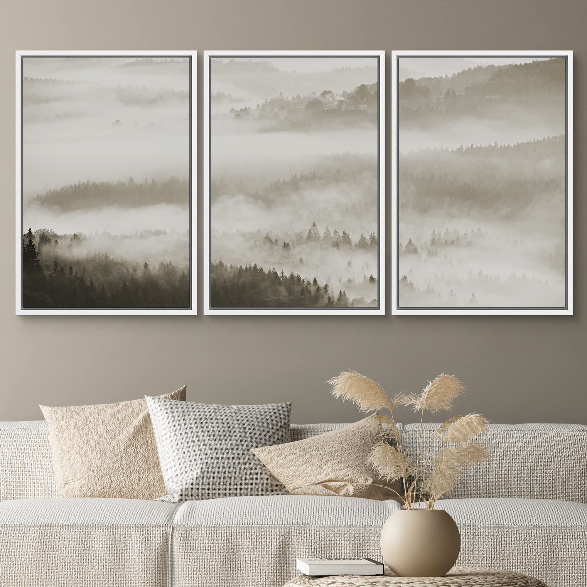 Framed Canvas Wall Art - Woodland Nursery Decor Set, Black & White Misty Mountain Nature Landscape, Modern Rustic Print for Living Room, Bedroom, Office - 24x36 Inches - Perfect for Home Decor, Housewarming Gifts & Interior Design