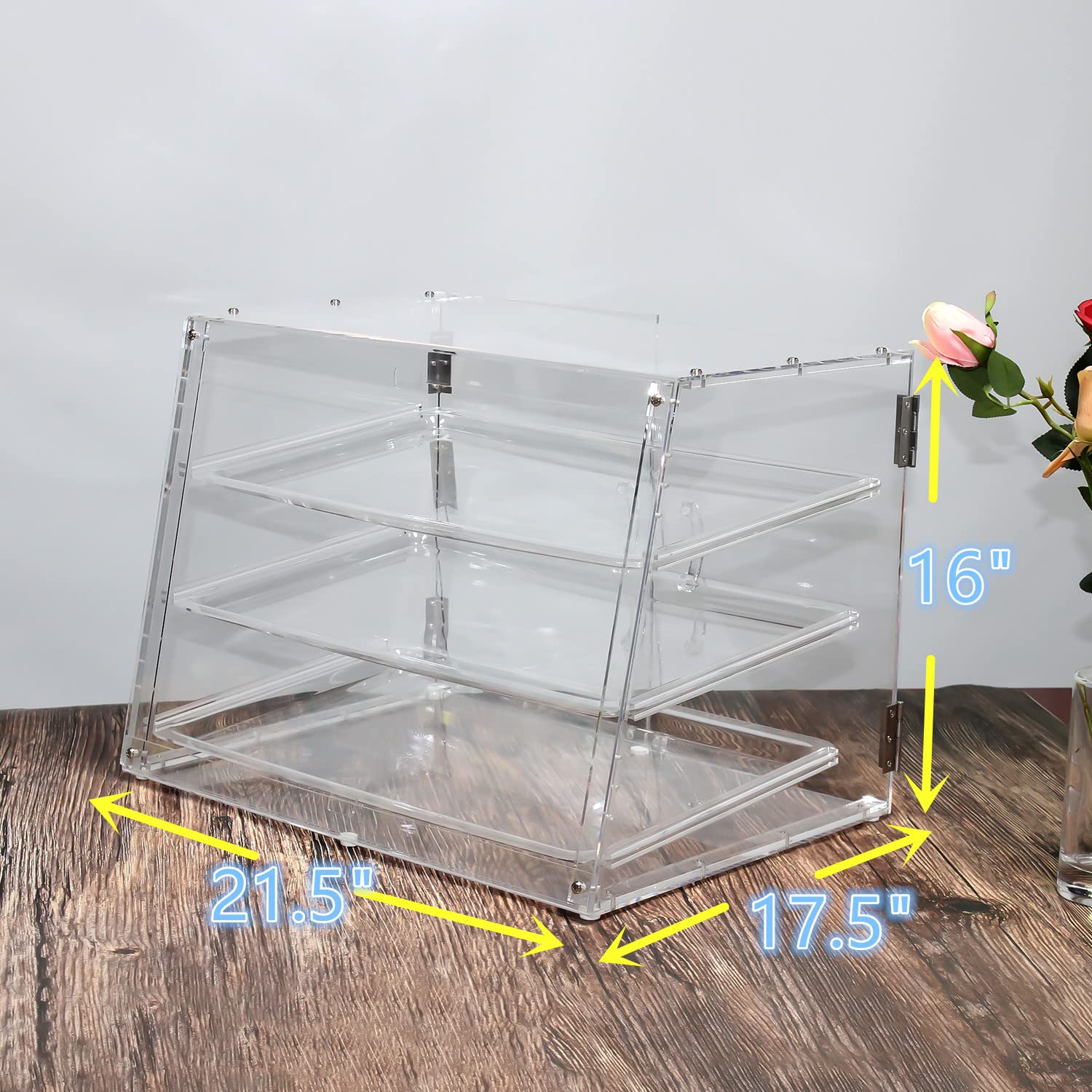 Clear Acrylic Pastry Display Case with 3 Trays - Countertop Bakery Bread & Dessert Showcase Cabinet for Cookies, Donuts, Cakes - Perfect for Bakeries, Cafes, and Retail Stores (Includes Back Door)