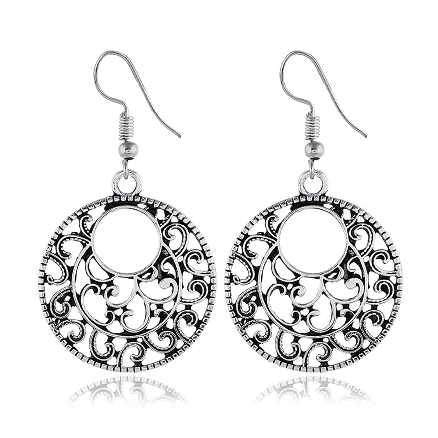 Bohemian Vintage Handmade Silver Hollow Dangle Drop Earrings for Women - Lightweight Filigree Disc Charm Gypsy Tribal Hoop Earrings | Perfect for Festivals, Weddings & Boho Fashion