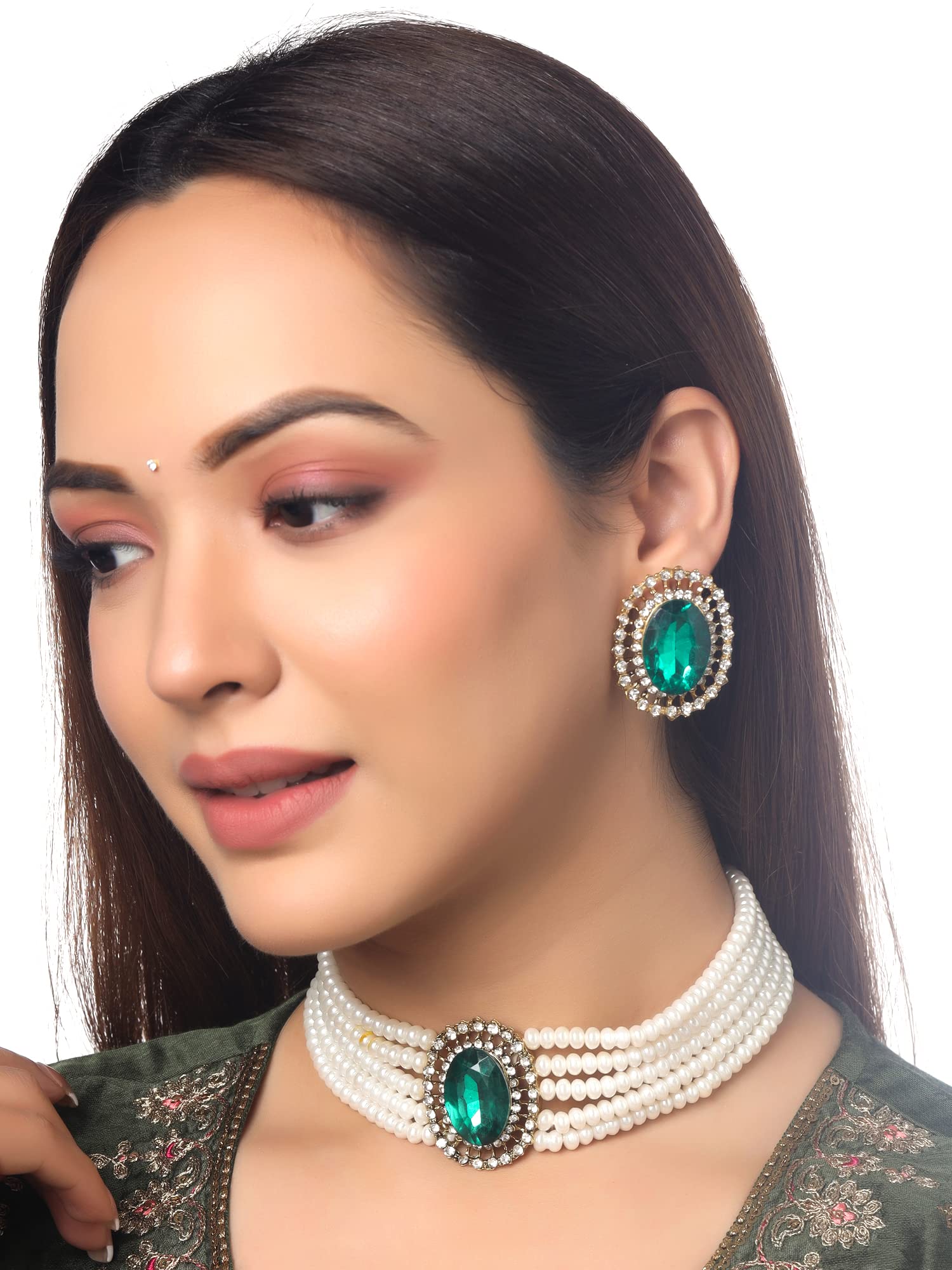 Yellow Chimes Jewelry Set for Women & Girls - White Beads Necklace & Gold Tone Green Crystal Choker Set | Elegant Birthday & Anniversary Gift for Wife, Daughter, Sister | Perfect for Parties, Weddings & Special Occasions