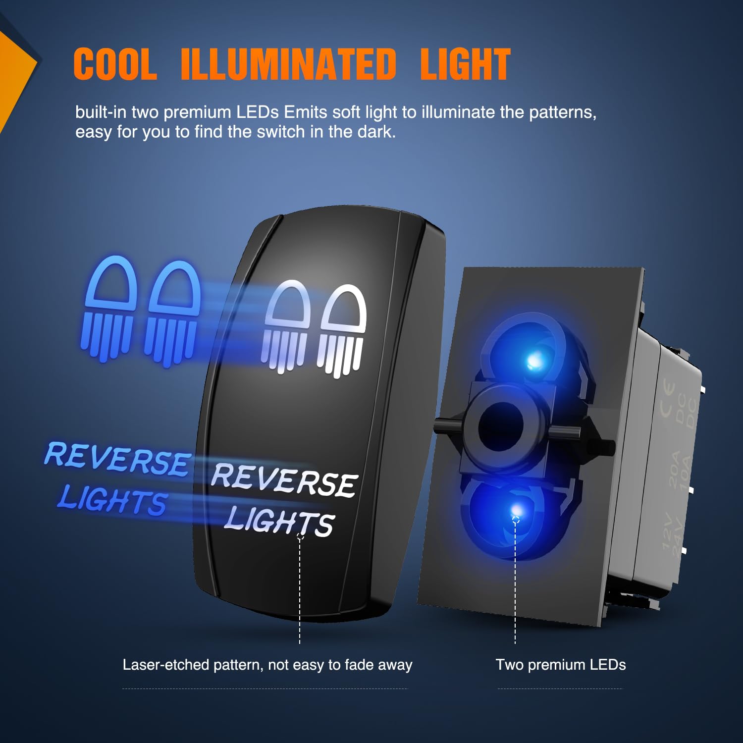 5Pin Laser On/Off SPST Rocker Switch for Reverse Lights - Blue LED Illuminated Boat, RV, Truck & Marine Toggle Switch with Waterproof Design