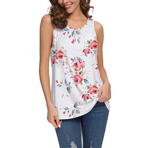Women's Floral Print Workout Tank Top - Summer Sleeveless Round Neck Blouse for Yoga, Gym & Casual Wear | Trendy Ruched Loose Fit Dressy Tops