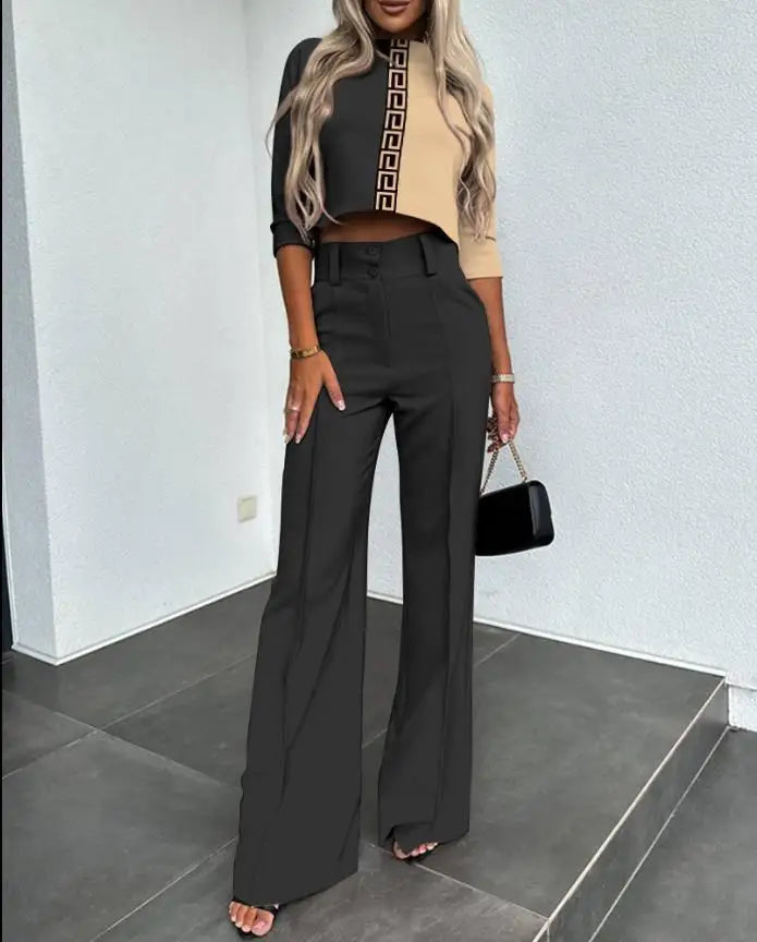 2024 New Fashion Women's Elegant High Neck Short Sleeve Top with Pocket & Micro Flare Pants Set - Casual Summer Outfits for Work, Dating and Vacation