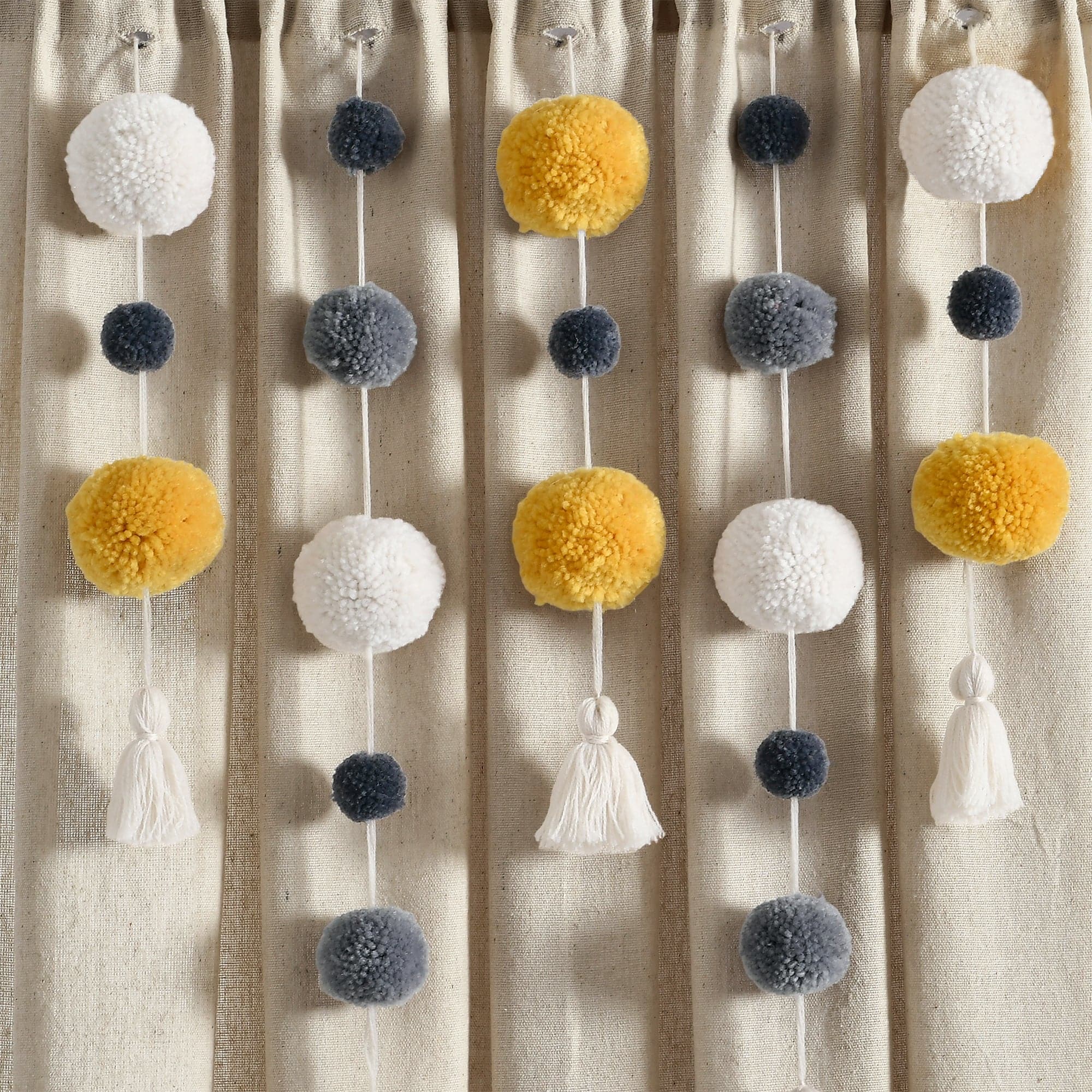 Boho Pom Pom Tassel Faux Linen Window Curtain Panel - Elegant Bohemian Style Drapes for Living Room, Bedroom & Nursery Decor