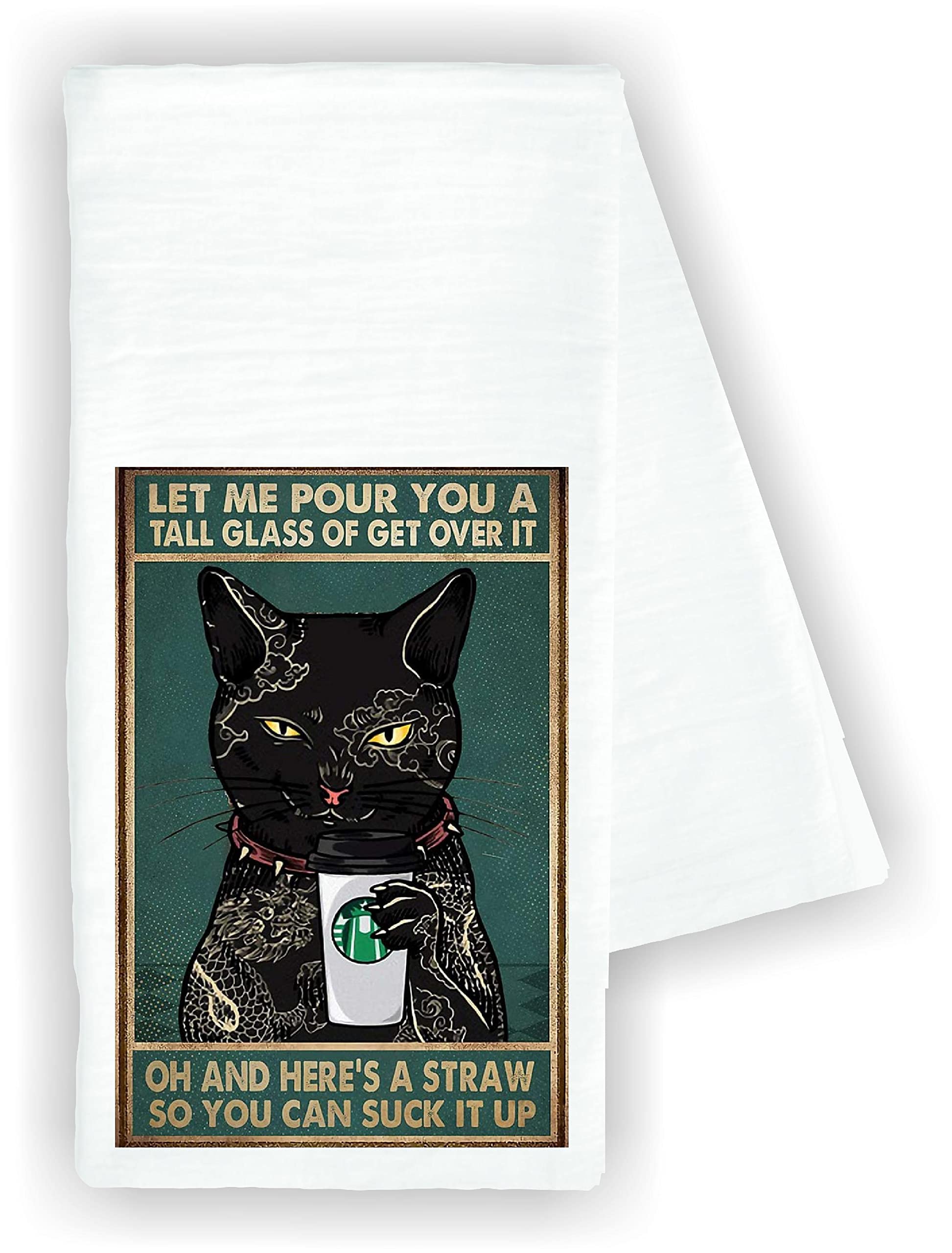 Funny Cute 'Get Over It' Cat Kitchen Dish Towel - 100% Cotton Drying Cloth for Kitchen Decor, Perfect for Daily Use and Gift Giving