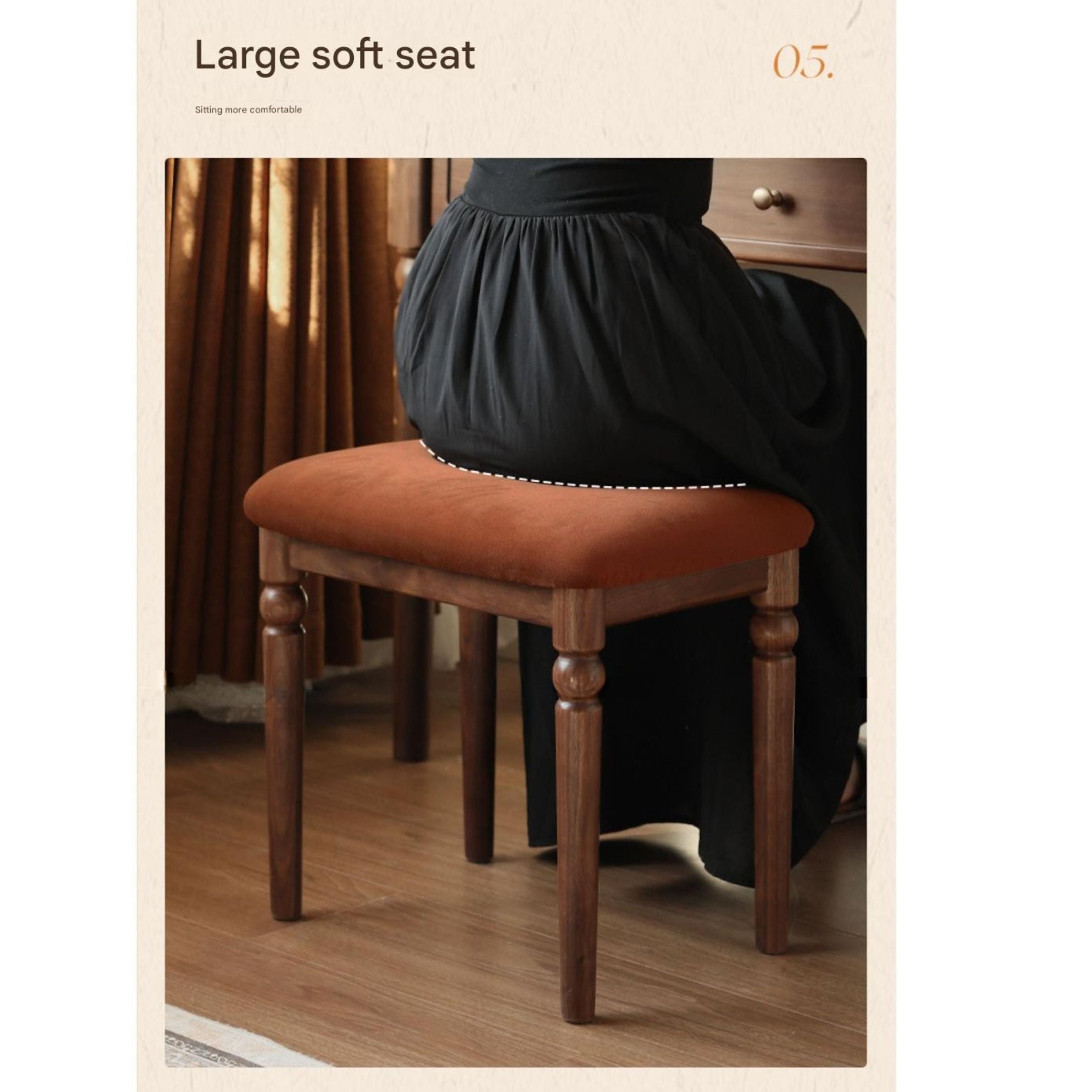 Vintage American Black Walnut Solid Wood Makeup Stool - Durable & Stylish Vanity Seat for Bedroom, Dressing Room & Salon (Retro Makeup Chair)