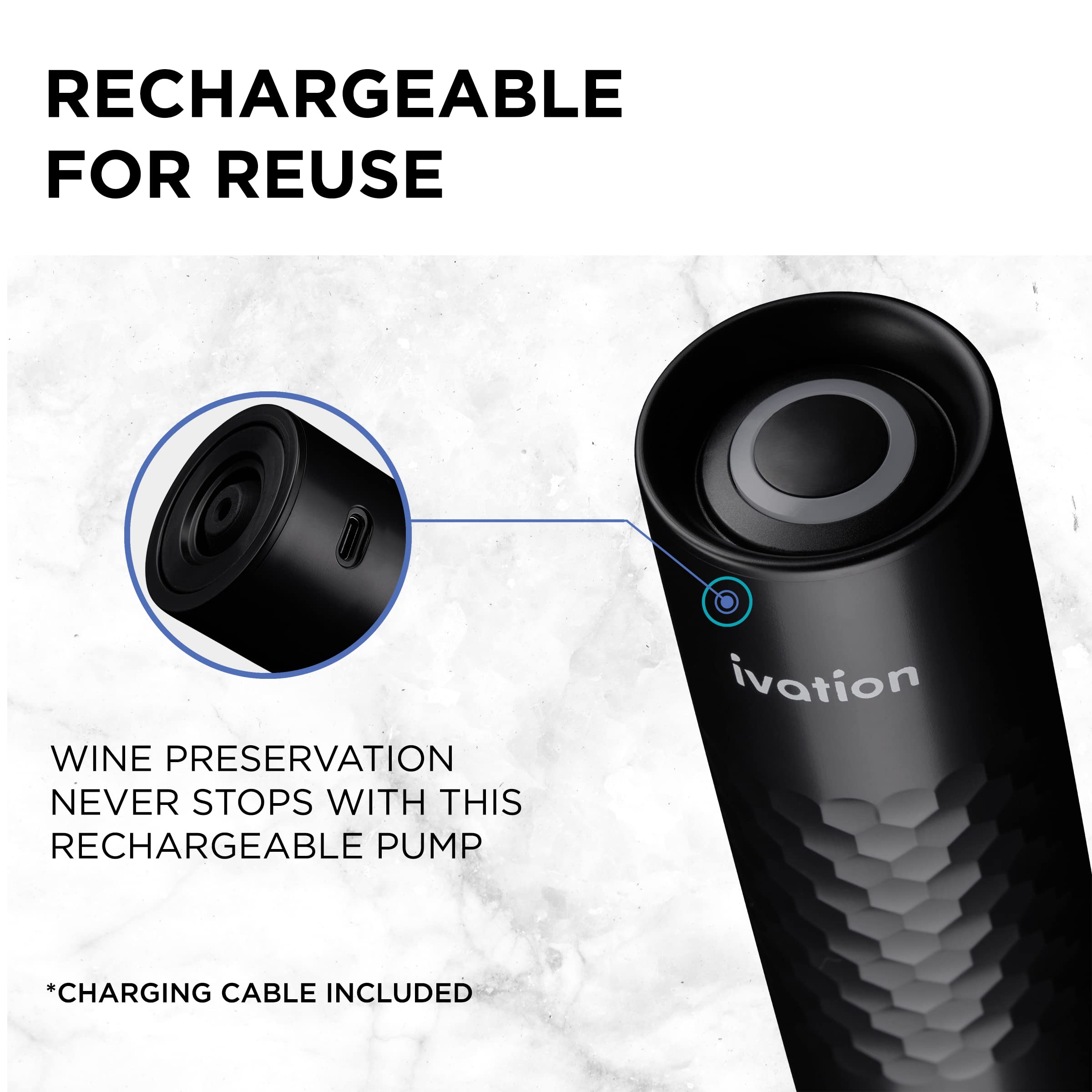Ivation Rechargeable Wine Saver Pump with 4 Reusable Stoppers - 6-Piece Wine Preservation Kit with Automatic Vacuum Sealer & USB Charger - Perfect for Home Bars, Parties and Wine Storage