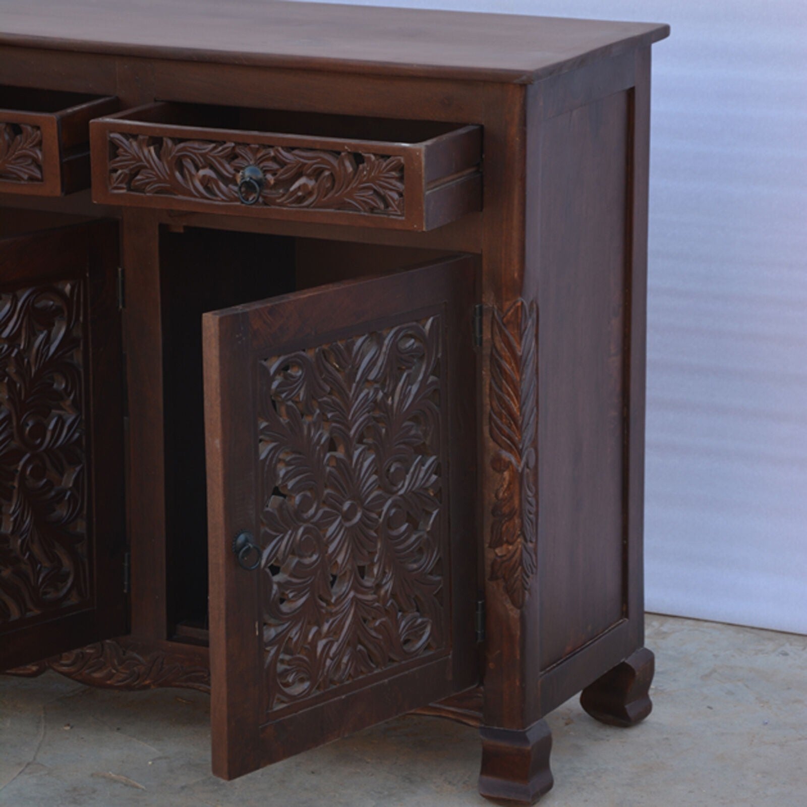 Solid Wood Carved Jali Door Sideboard - Handcrafted Brown Cabinet for Living Room & Dining Room Storage | Traditional Indian Furniture for Home Decor