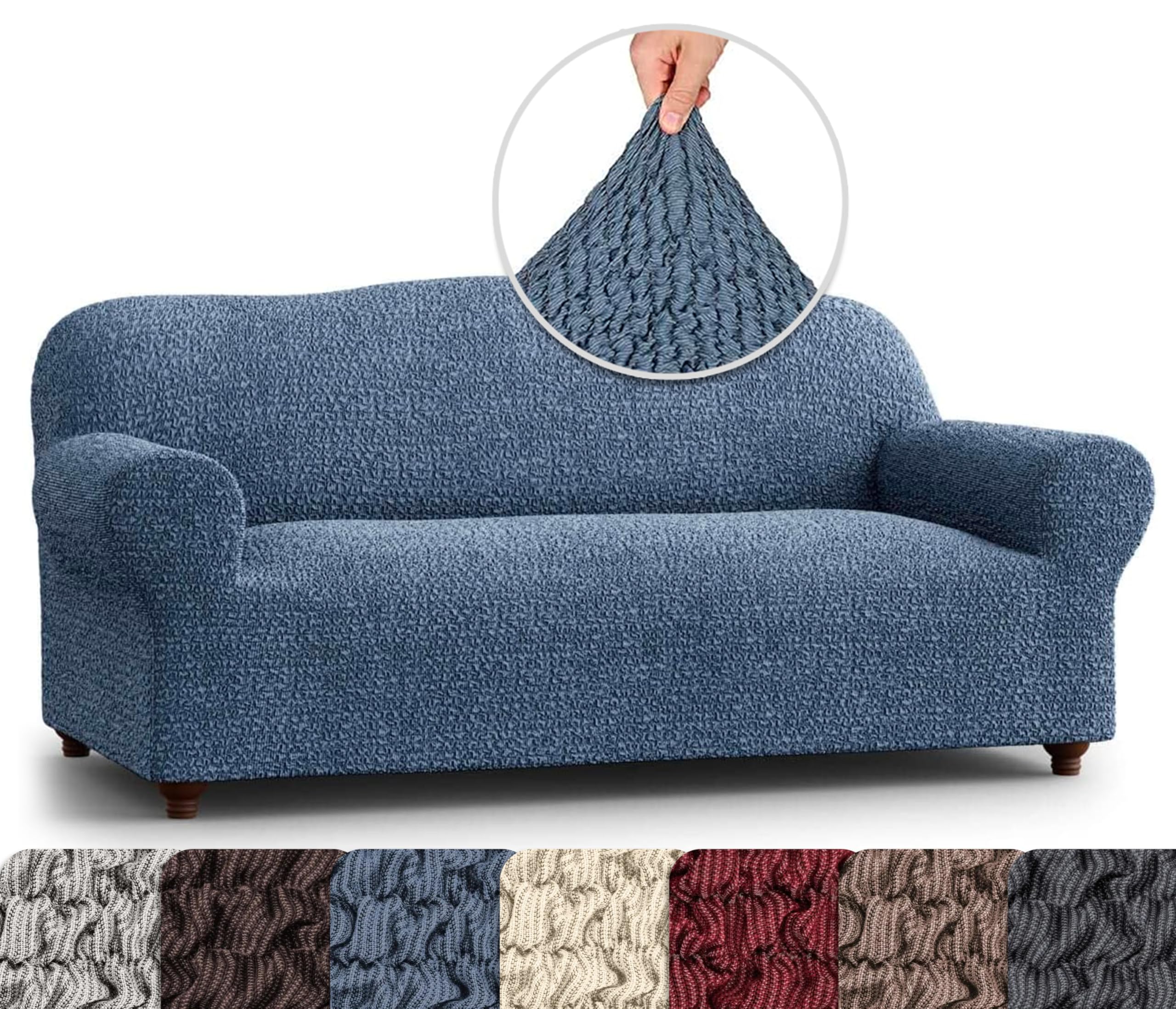 Stretch Sofa Slipcover - Washable Couch Cover with Soft Polyester Fabric - 1-Piece Form Fit Protector for Pets (Mille Righe Collection, Blue) - Perfect for Living Room, Family Room & Pet-Friendly Homes