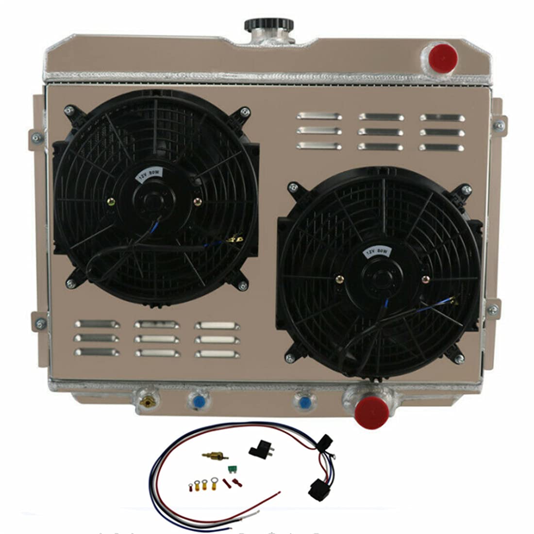 4 Row Full Aluminum Radiator with Fan Shroud & Thermostat Relay Kit - Compatible with 1967-1970 Ford Mustang, 1969 Fairlane/Ranchero, 1967-1970 Mercury Cougar XR-7 V8 Engine - High-Performance Cooling Upgrade for Classic Muscle Cars & Restoration Projects