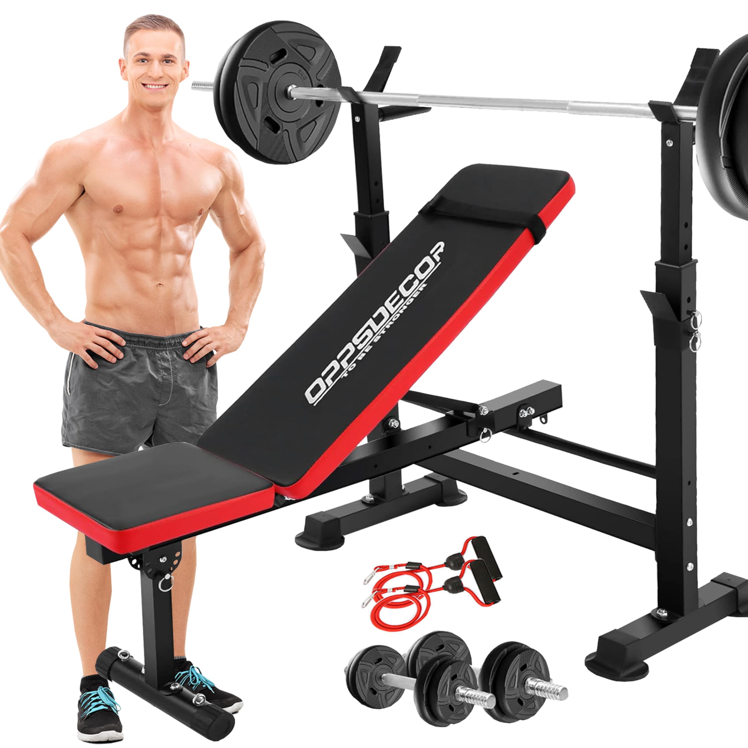 OPPSDECOR 8-in-1 650lbs Adjustable Weight Bench Press Set with Squat Rack, Olympic Workout Bench, Leg Developer & Preacher Curl - Foldable Home Gym Equipment for Strength Training & Full Body Workouts