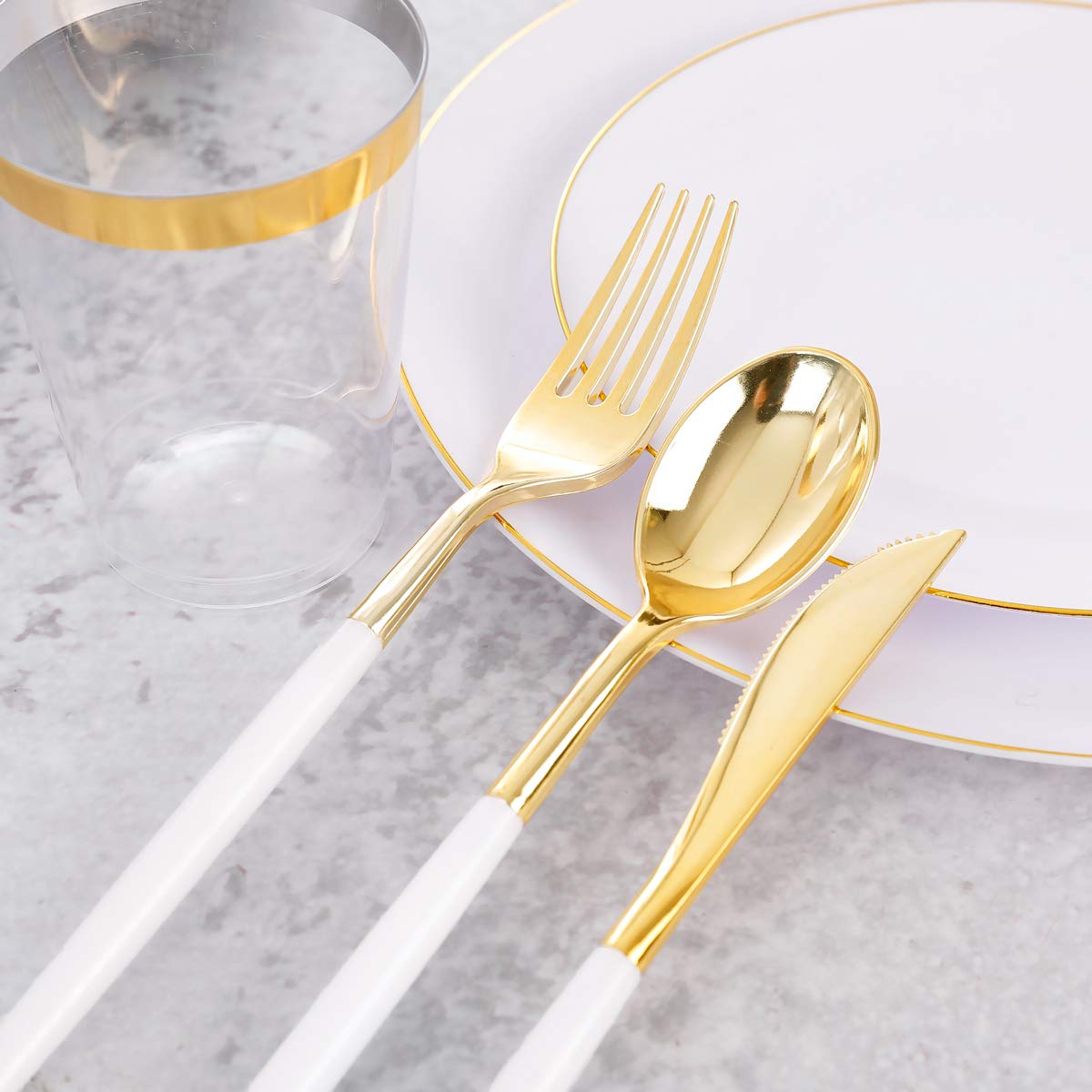 Premium 350-Piece Gold Plastic Dinnerware Set - Elegant Disposable Gold Silverware with White Handles, White Plates, Clear Cups & Gold Rim Napkins for Christmas, Weddings, Parties & Special Events