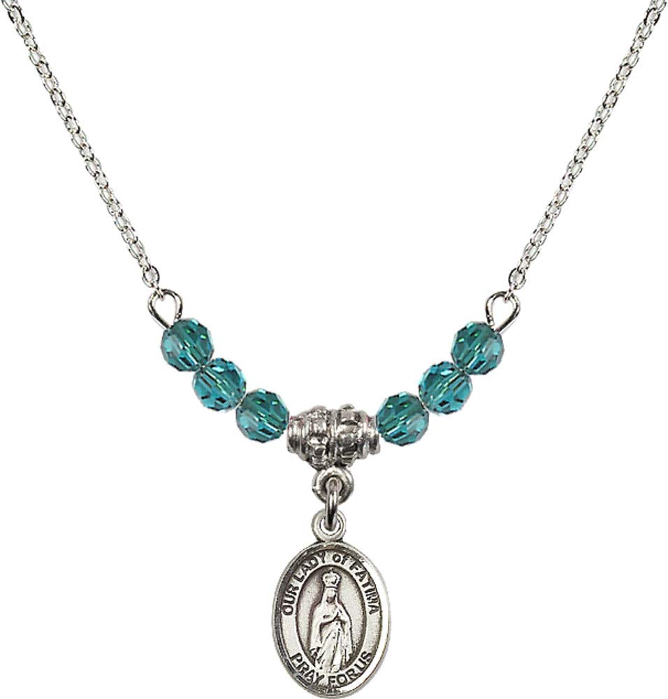 Bonyak 18 Inch Rhodium Plated Necklace with 4mm Blue December Birthstone Beads & Our Lady of Fatima Pendant - Perfect Gift for Christmas, Baptism & Religious Occasions