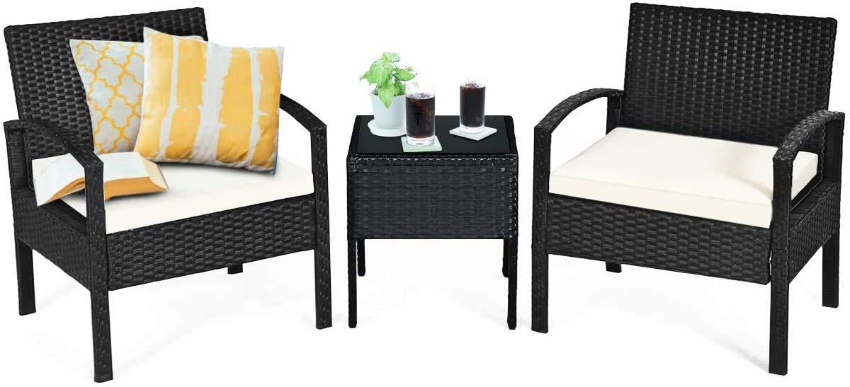 3-Piece Outdoor Patio Furniture Set - Rattan Wicker Conversation Chairs with Beige Cushions & Tempered Glass Coffee Table - Perfect for Backyard, Porch, Poolside, Garden, and Lawn Relaxation