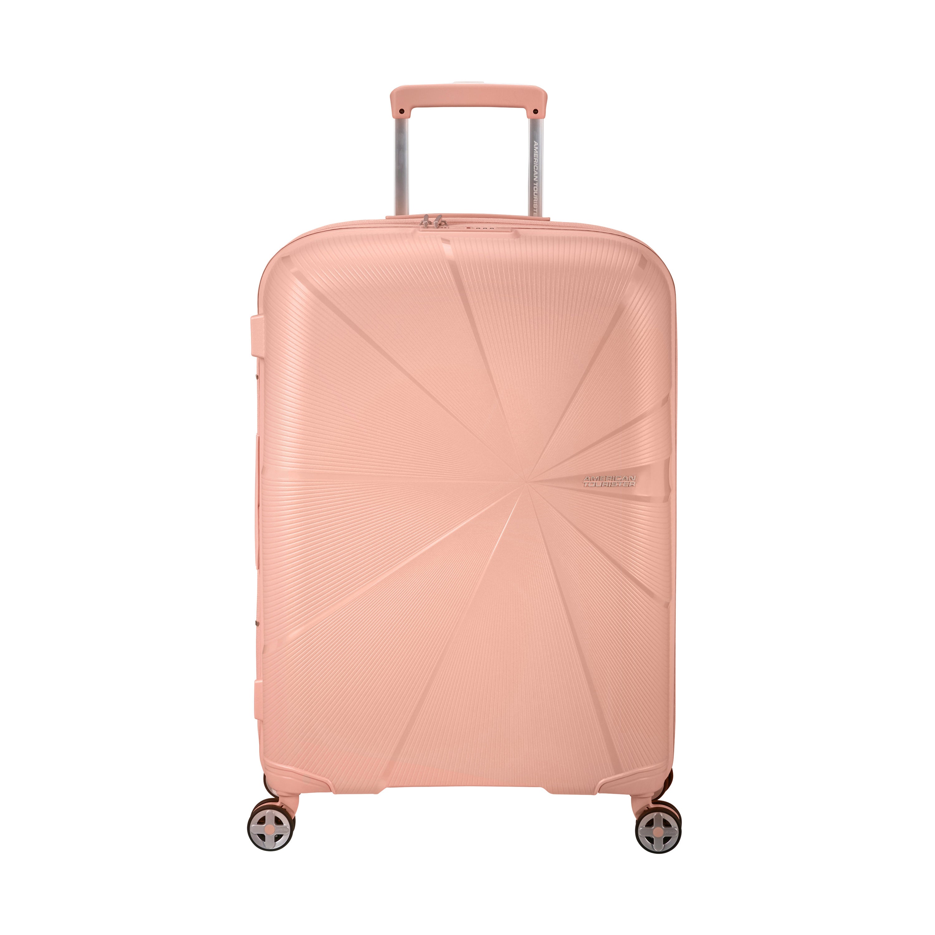 American Tourister StarVibe Spinner Medium Expandable Luggage - Metallic Peach | Lightweight Suitcase for Travel, Business Trips & Vacations | Durable Hardshell Carry-On with 360° Wheels