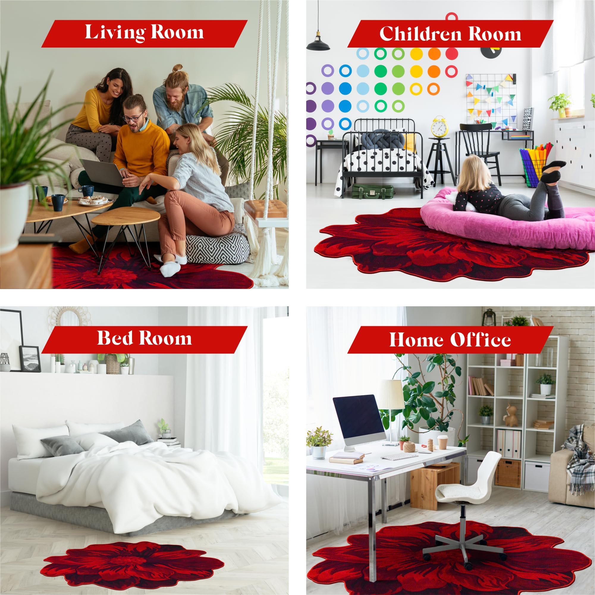 5ft Round Fluffy Flower Rug - Soft Plush Circle Area Carpet for Bedroom, Living Room, Nursery - Girly Home Decor in Vibrant Red (305) - Perfect for Boho Chic Decor & Cozy Floor Seating