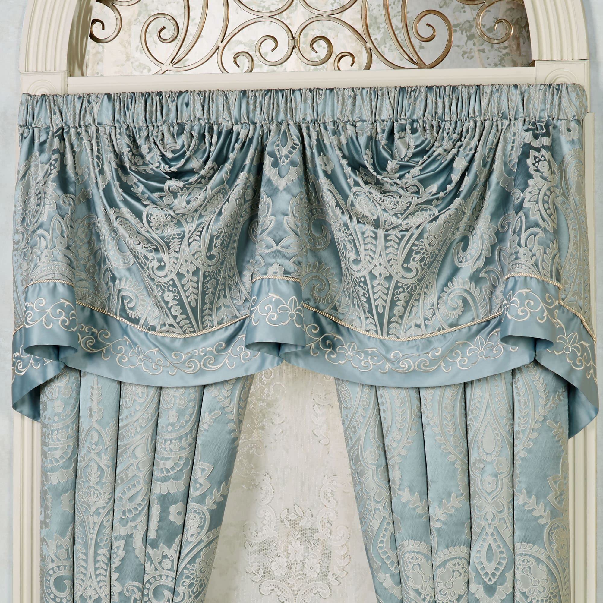 Elegant Parisian Blue Jacquard Woven Window Valance with Regency Scrollwork - 110