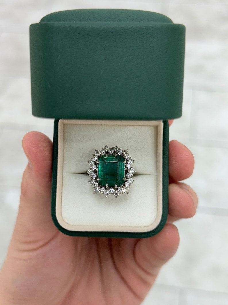 10.40tcw Natural Dark Deep Sea Green Vintage Emerald Cut Double Diamond 8 Prong Halo Ring - Elegant Wedding, Engagement & Anniversary Jewelry Gift for Women