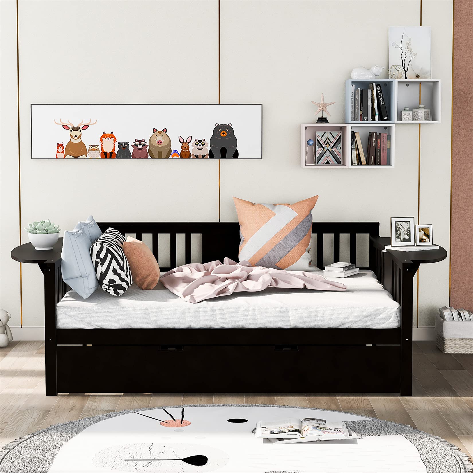 Full Size Daybed with Trundle - Wooden Daybed Frame for Kids & Adults, Espresso Sofa Bed for Bedroom & Living Room - Perfect for Guest Rooms, Dormitories, and Small Spaces